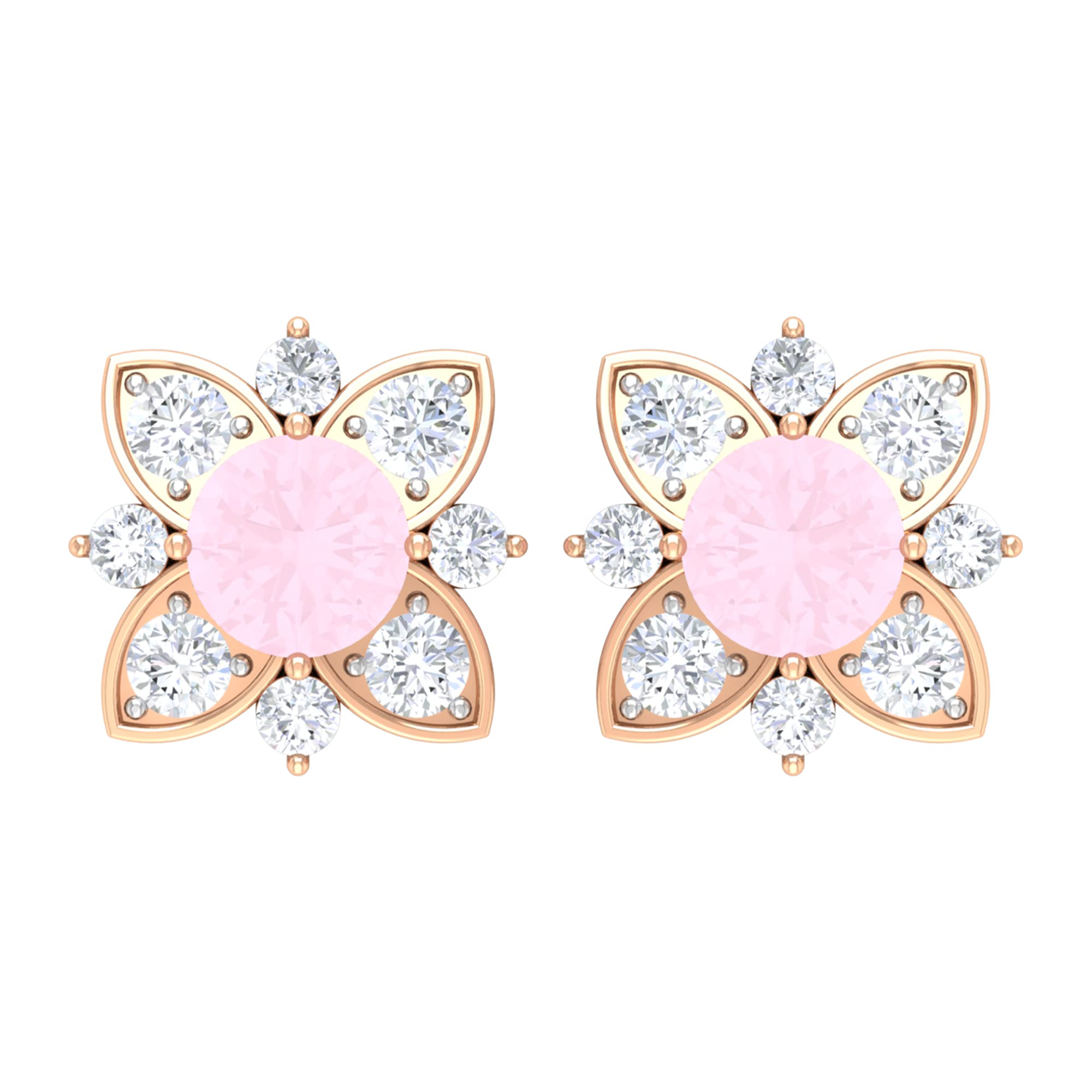 3/4 CT Rose Quartz and Diamond Earrings - 14K Solid Gold Floral Stud Earrings for Women | January Birthstone Jewelry | Perfect for Weddings, Anniversaries & Everyday Elegance