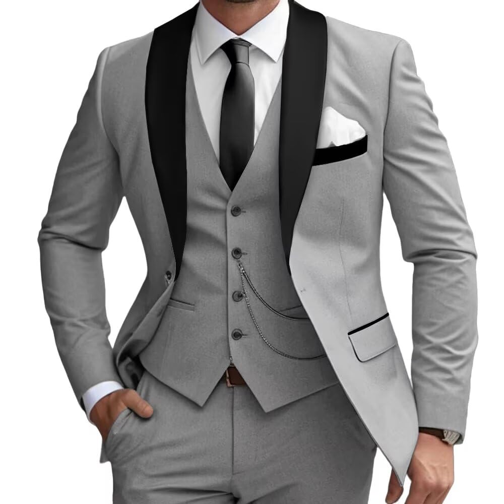 Men's 3-Piece Classic Suit Set - Black Satin Lapel Wedding Blazer, Groom Vest & Pants | Formal Business Attire for Weddings, Prom, Office & Special Occasions