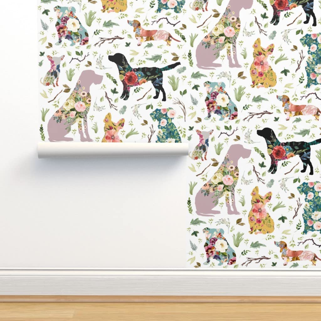 Peel & Stick Removable Wallpaper - 9ft x 2ft Patchwork Dogs Floral Design in Blue & Yellow | Custom Animal Silhouette Wall Decal for Girls' Nursery, Bedroom & Playroom Decor | Easy DIY Home Improvement