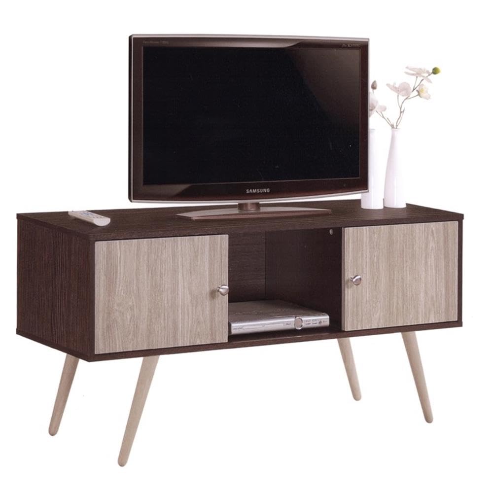 Hodedah Retro Style TV Stand with 2 Storage Doors & Solid Wood Legs - Chocolate Finish for Living Room, Bedroom, or Home Theater Setup