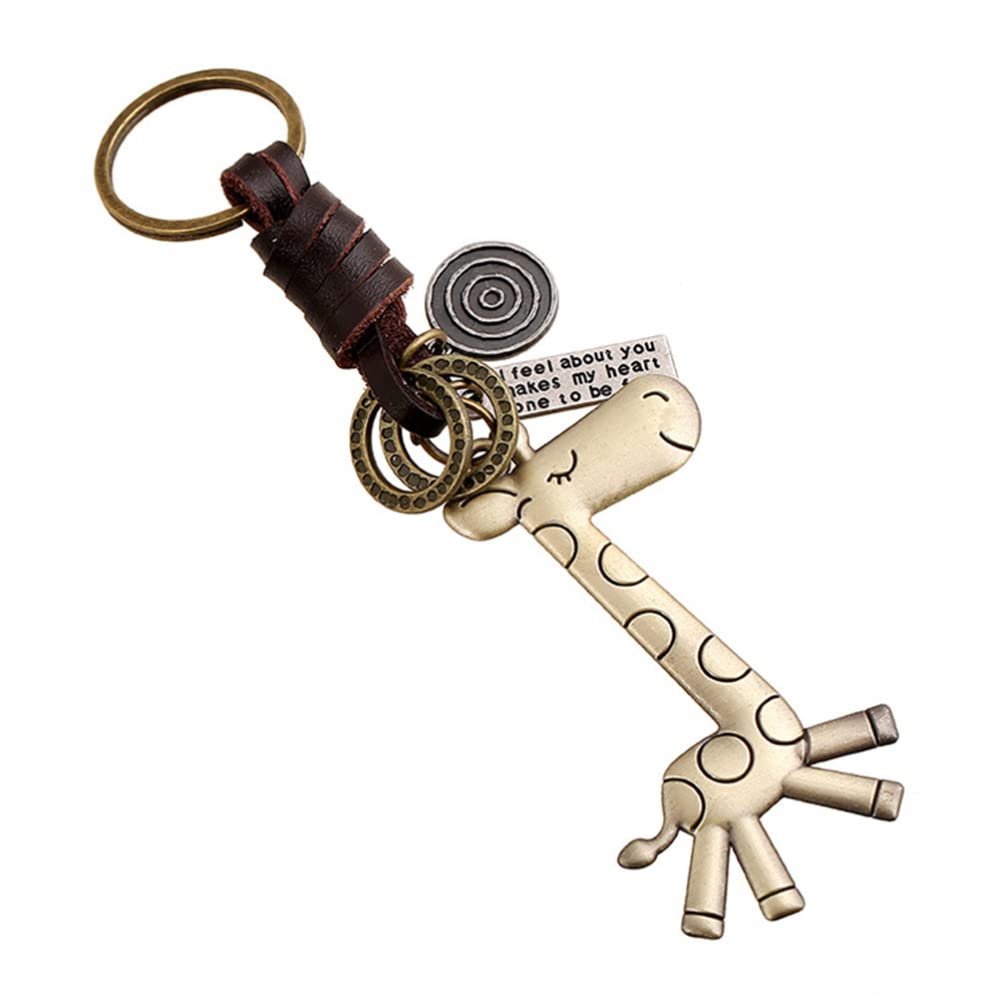 Vintage Cowhide Leather Keychain - Punk Giraffe Key Ring for Handbag & Car Keys