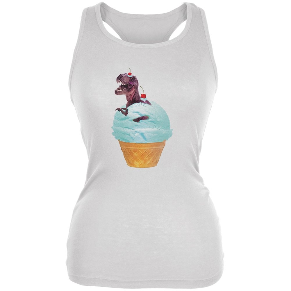 T-Rex Ice Cream Cone Graphic White Soft Juniors Tank Top - Fun Casual Summer Outfit for Teens