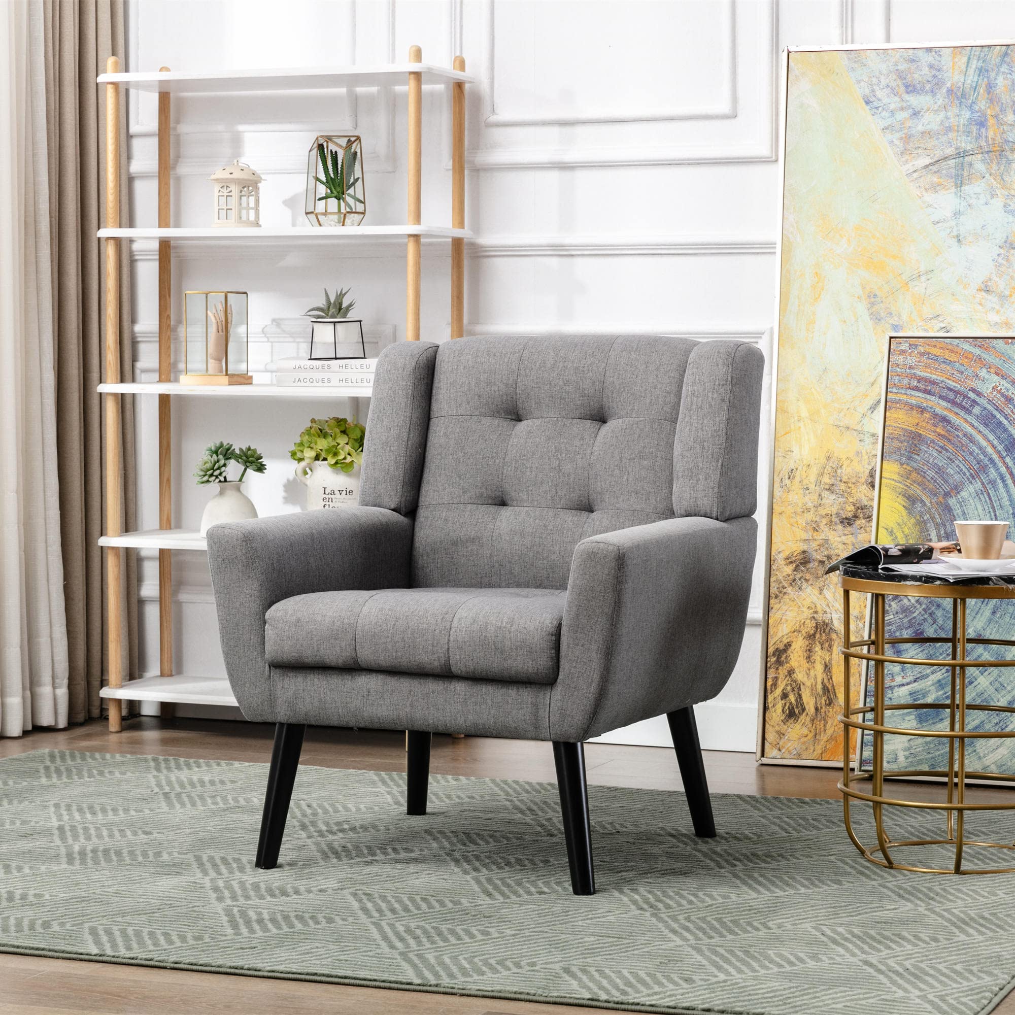 Modern Accent Chair with Button Tufted Design - Upholstered Linen Fabric Armchair for Living Room & Bedroom - Ergonomic Support & Black Metal Legs - Light Gray Home Decor for Reading Nook or Cozy Corner