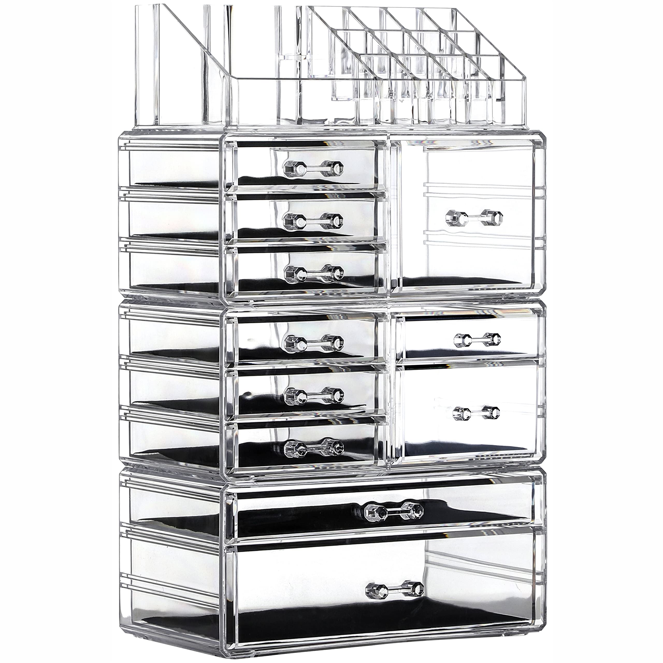 4-Pack Clear Acrylic Makeup Organizer with 11 Stackable Drawers - Vanity Desk Organizer for Jewelry, Hair Clips & Skincare Products - Perfect for Bedroom, Bathroom & Dressing Table Organization