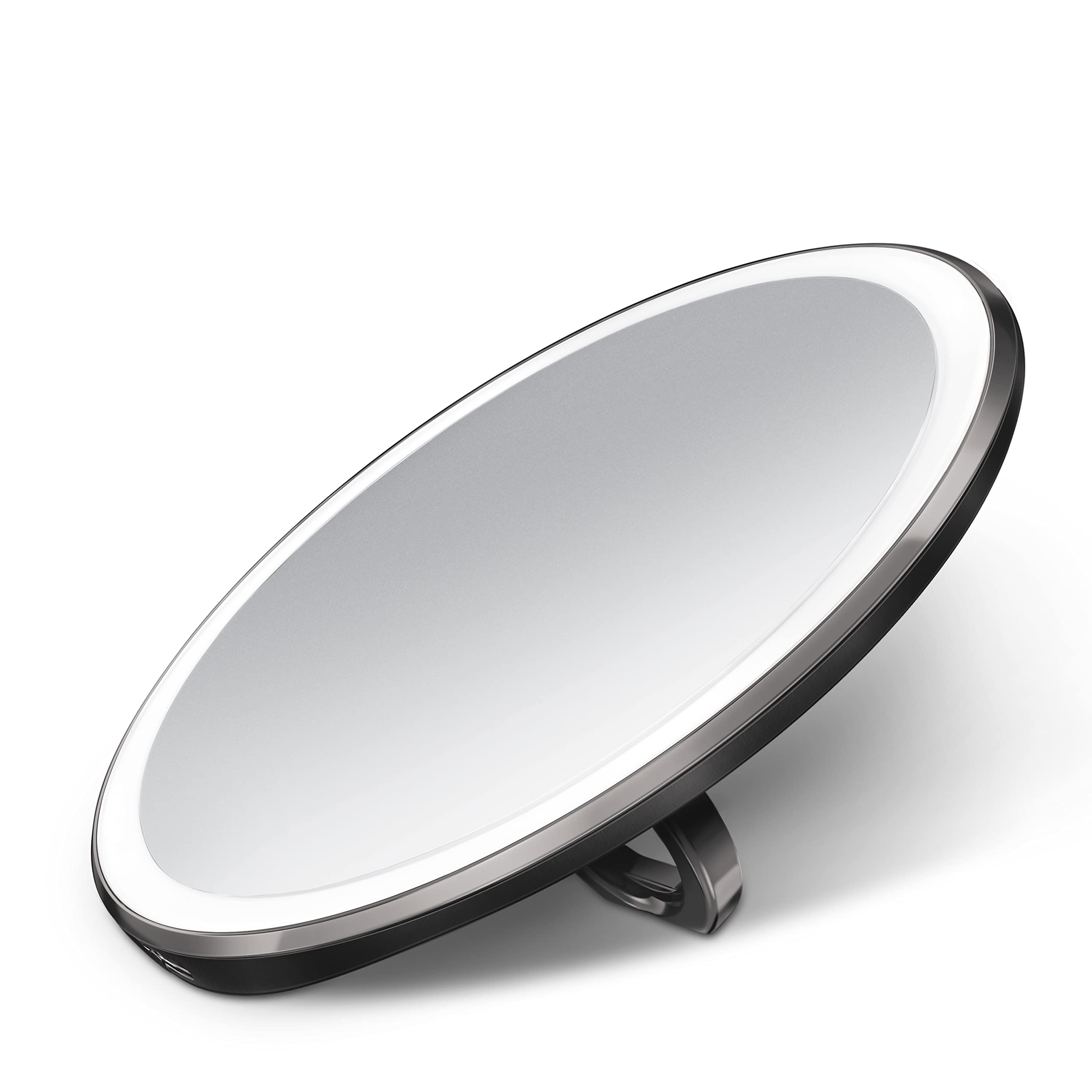 simplehuman Sensor Mirror with LED Light - 5X Magnifying Travel Makeup Mirror, Round Black Stainless Steel Compact Mirror for Bathroom Vanity, Dressing Table & Travel Essentials