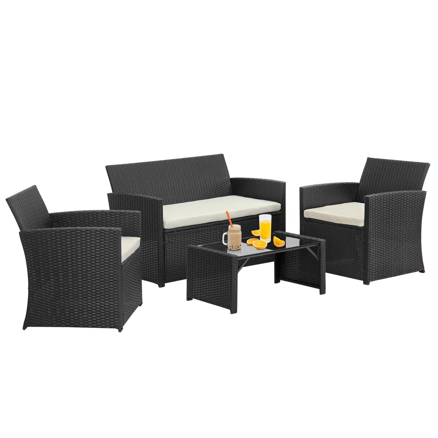 4-Piece Patio Furniture Set - Outdoor Rattan Wicker Conversation Sofa with Tempered Glass Coffee Table & Removable Washable Cushions - Perfect for Porch, Patio, Balcony, Backyard & Garden Relaxation