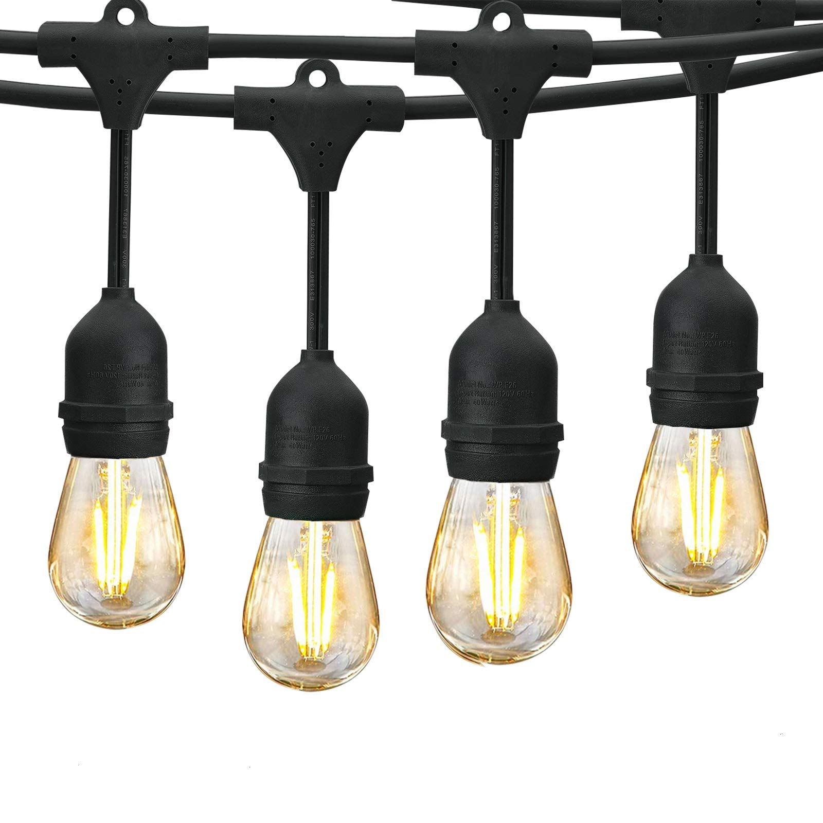 48ft Outdoor String Lights Commercial Grade - 15pcs 2W Warm White 2700K LED Bulbs, E26 Socket IP65 Waterproof Patio Lights for Bistro, Cafe, Pergola, Garden Party & Backyard Decor