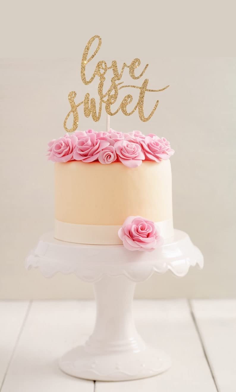 Love is Sweet Cake Topper - Elegant Glitter Wedding & Engagement Cake Decor - Rustic & Personalized Wedding Cake Topper for Romantic Celebrations, Bridal Showers & Anniversary Parties