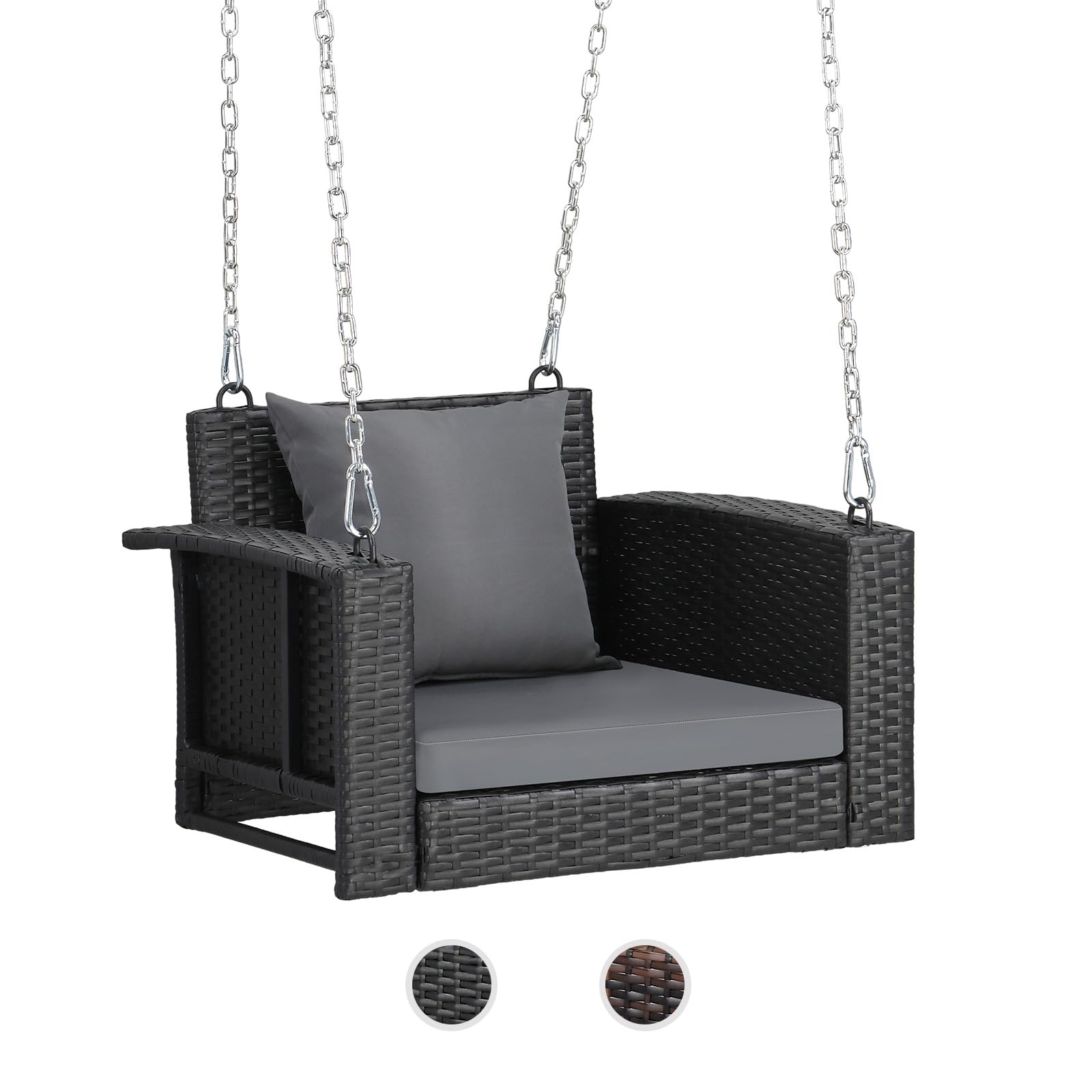 VINGLI 2.2 FT Outdoor Rattan Swing Chair with Cushions - 440 LB Weight Capacity, Adjustable Chains - Patio Wicker Bench for Garden, Yard, Lawn, Tree - Perfect for Relaxing on Porch, Backyard or Under Shade Trees (Black)