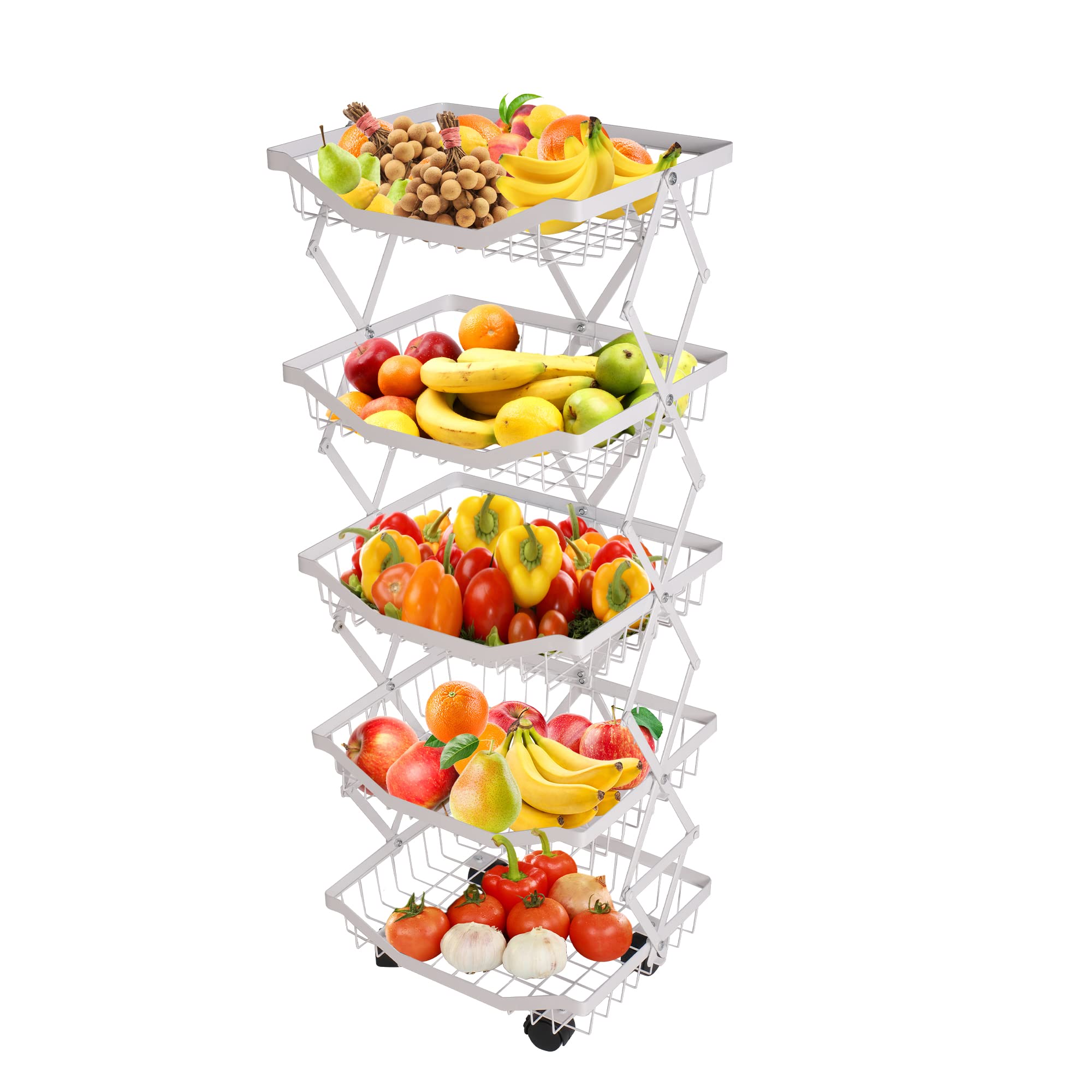 5-Tier Foldable Metal Wire Fruit and Vegetable Storage Basket Organizer with Rolling Wheels - Space-Saving Kitchen Organizer for Fruits, Veggies, Pantry Items - Perfect for Kitchen, Bathroom, Living Room & Bedroom (White) | Ideal for Small Spaces, Countertop Storage & Home Organization