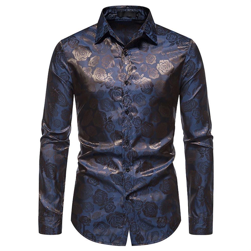 Men's Slim Fit Rose Printed Casual Shirt - Stylish Blue Button Down Shirt for Work, Date & Everyday Wear