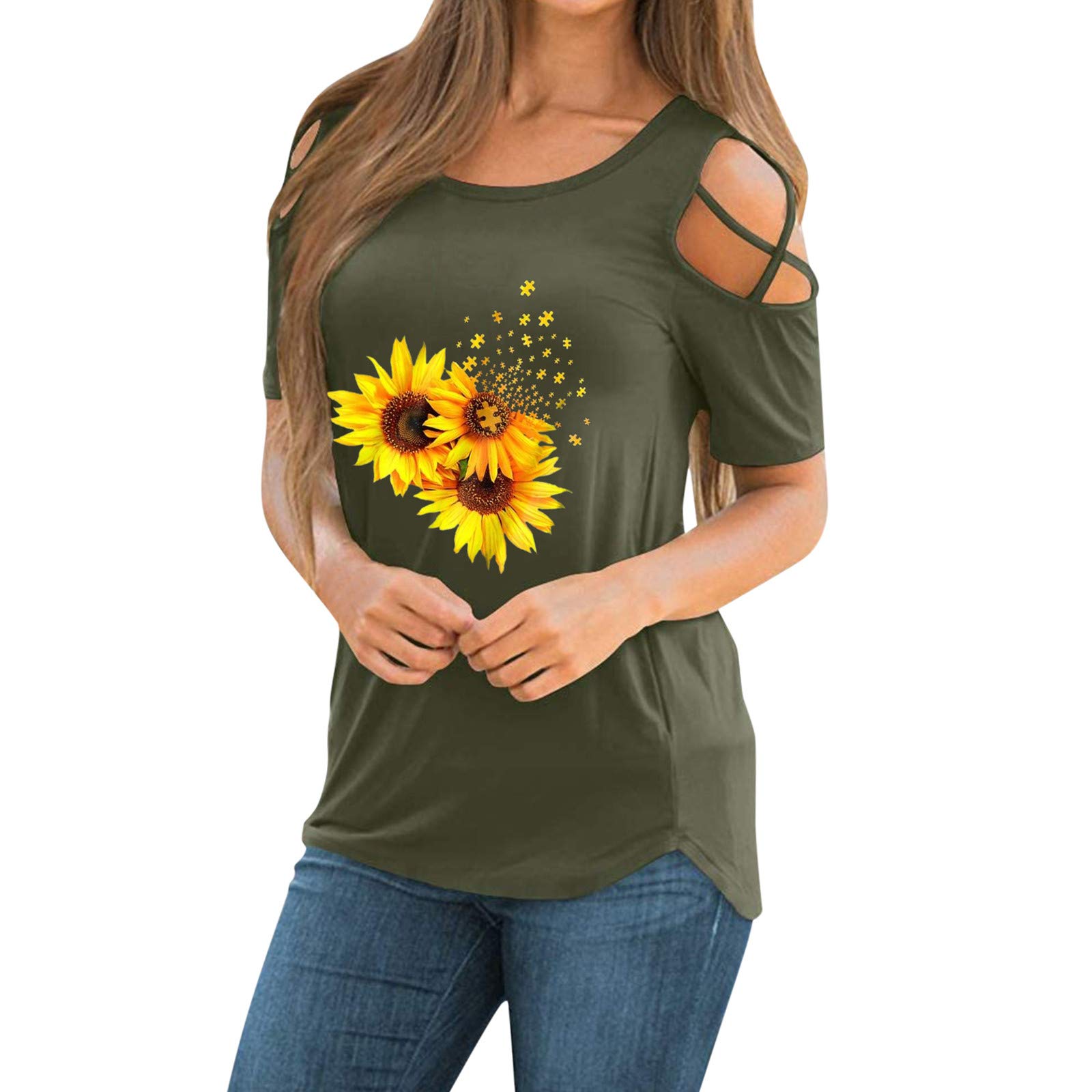 Women's Sunflower Print Summer T-Shirt - Short Sleeve Strappy Cold Shoulder Tunic Top for Casual Wear, Beach Outings & Summer Fashion | Flowy & Comfortable
