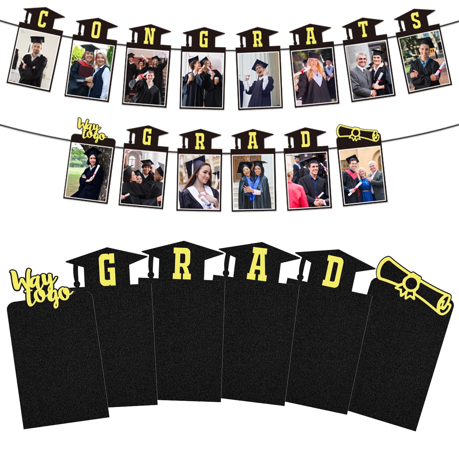 2022 Congrats Grad Photo Banner - Black & Gold Graduation Decorations for Party Supplies - 14pcs Hanging Photo Decor for Graduation Ceremony - Perfect for Graduation Parties, School Events & Photo Backdrops