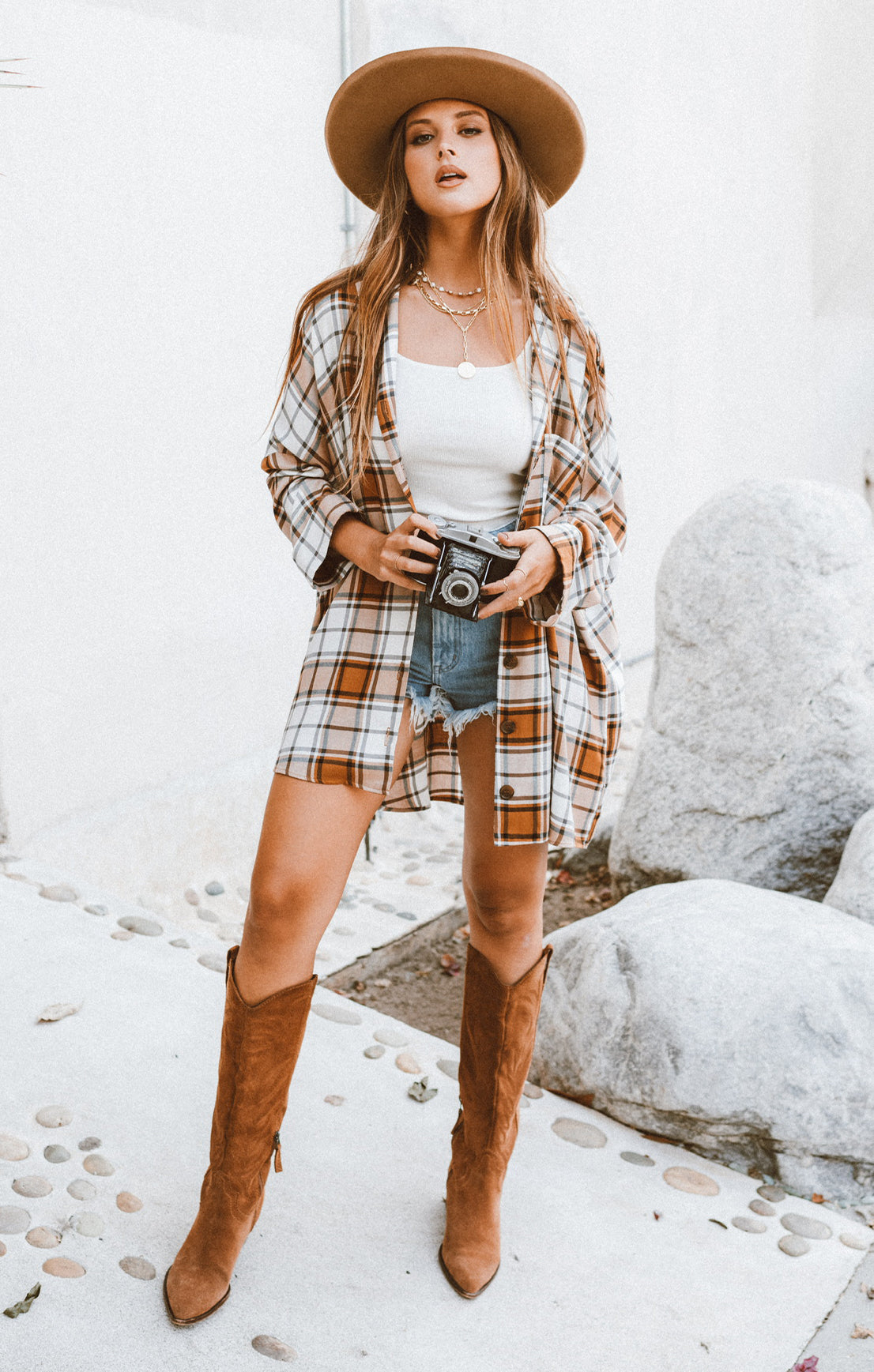 Lorolie Women's Plaid Tunic Top in Tan - Casual Long Sleeve Shirt for Fall & Winter - Perfect for Office, Layering or Weekend Outfits