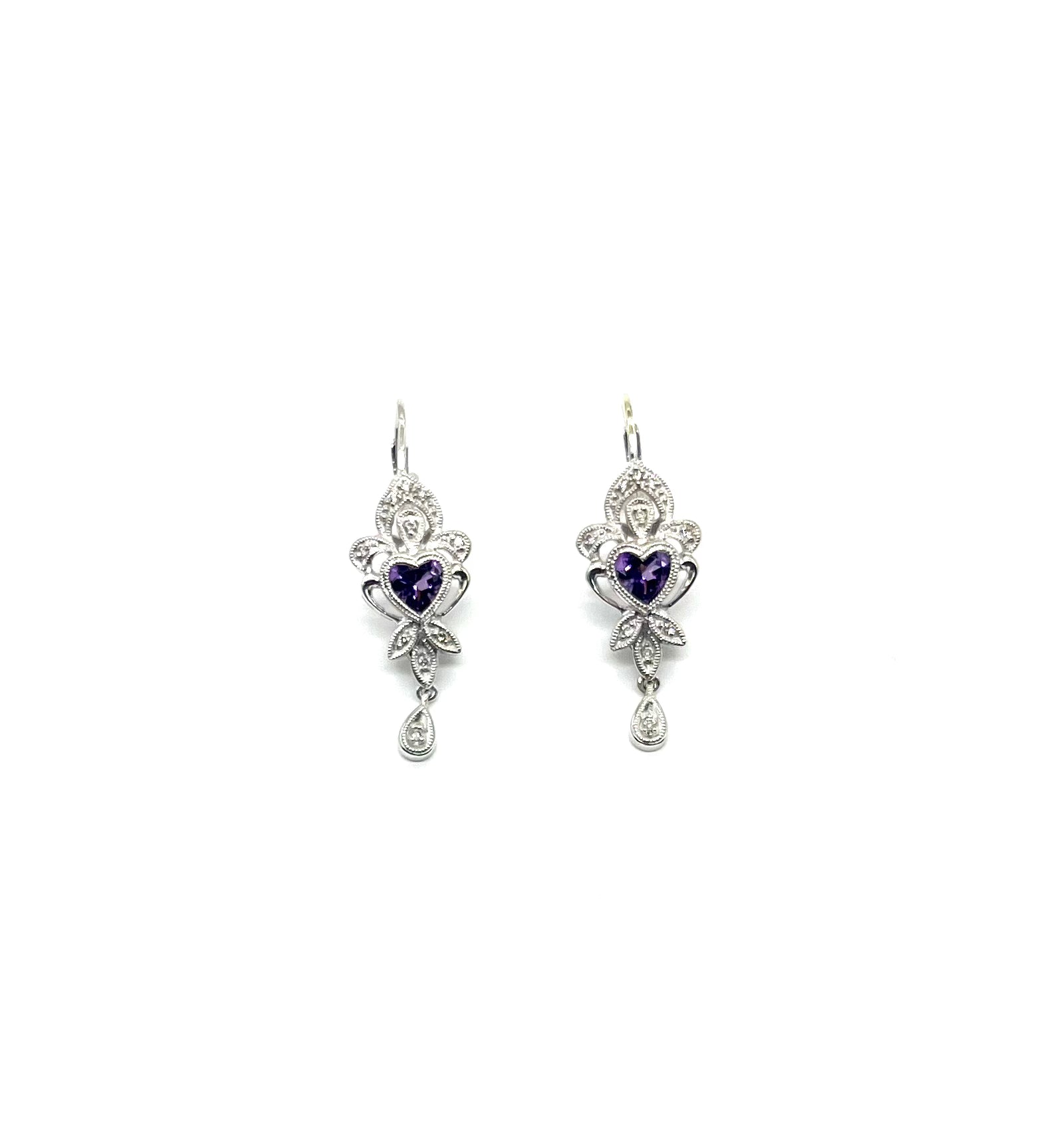 White Gold Heart Shaped Amethyst & Diamond Leverback Earrings for Women | Valentine's Day Gift, Anniversary Jewelry, Wedding Party Accessories