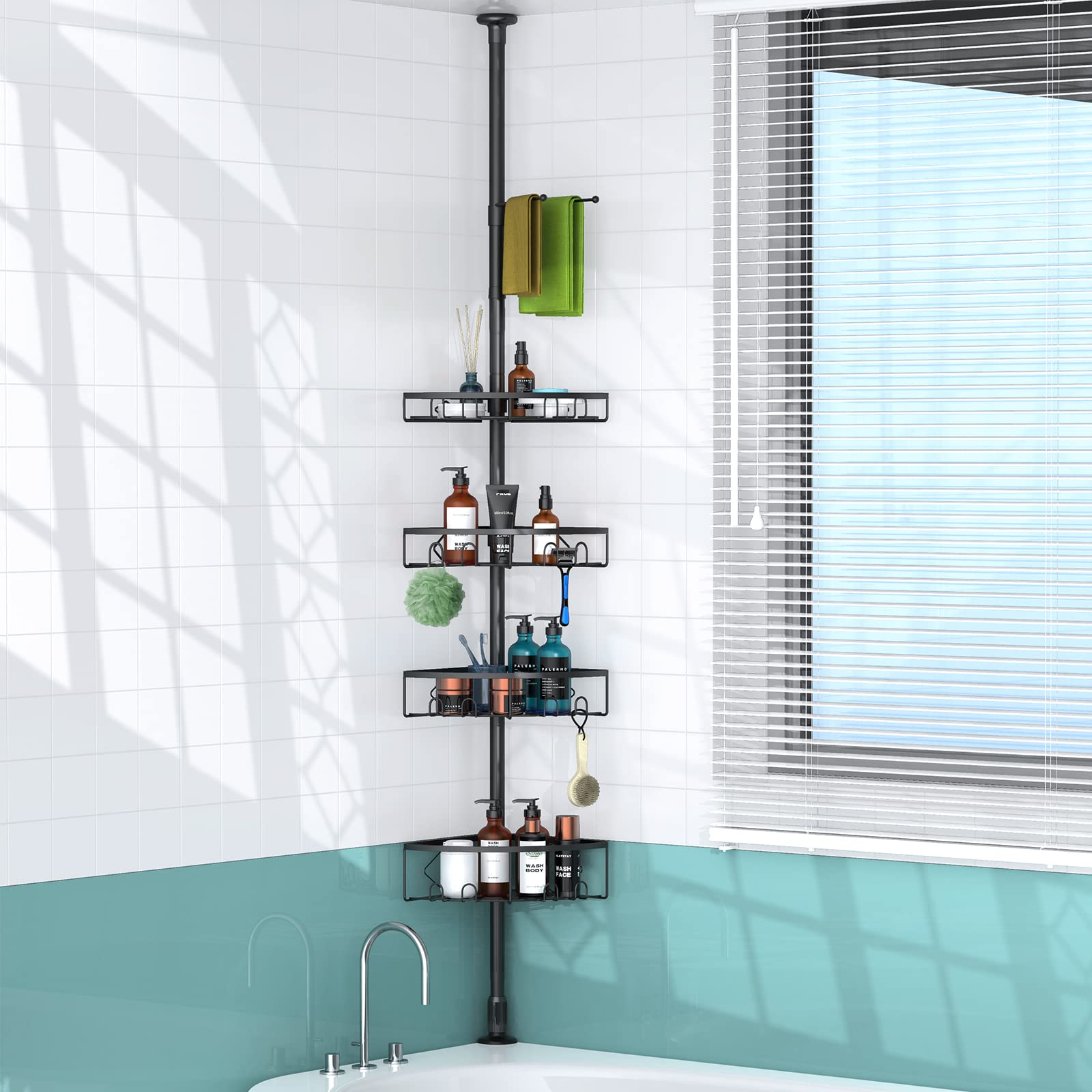 Kadolina 4-Tier Adjustable Tension Pole Shower Caddy (53-120 Inch) - Space-Saving Corner Bathroom Organizer for Shampoo, Soap & Bath Accessories - Perfect for Small Bathrooms, Apartments & Dorm Showers (Black)