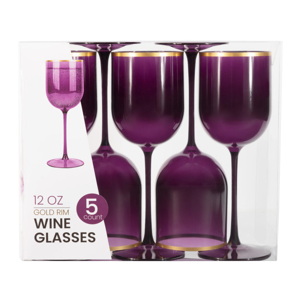 12 Oz Purple and Gold Rim Plastic Wine Goblets - 5 Pack Shatterproof Cups for Parties, Weddings, and Outdoor Events