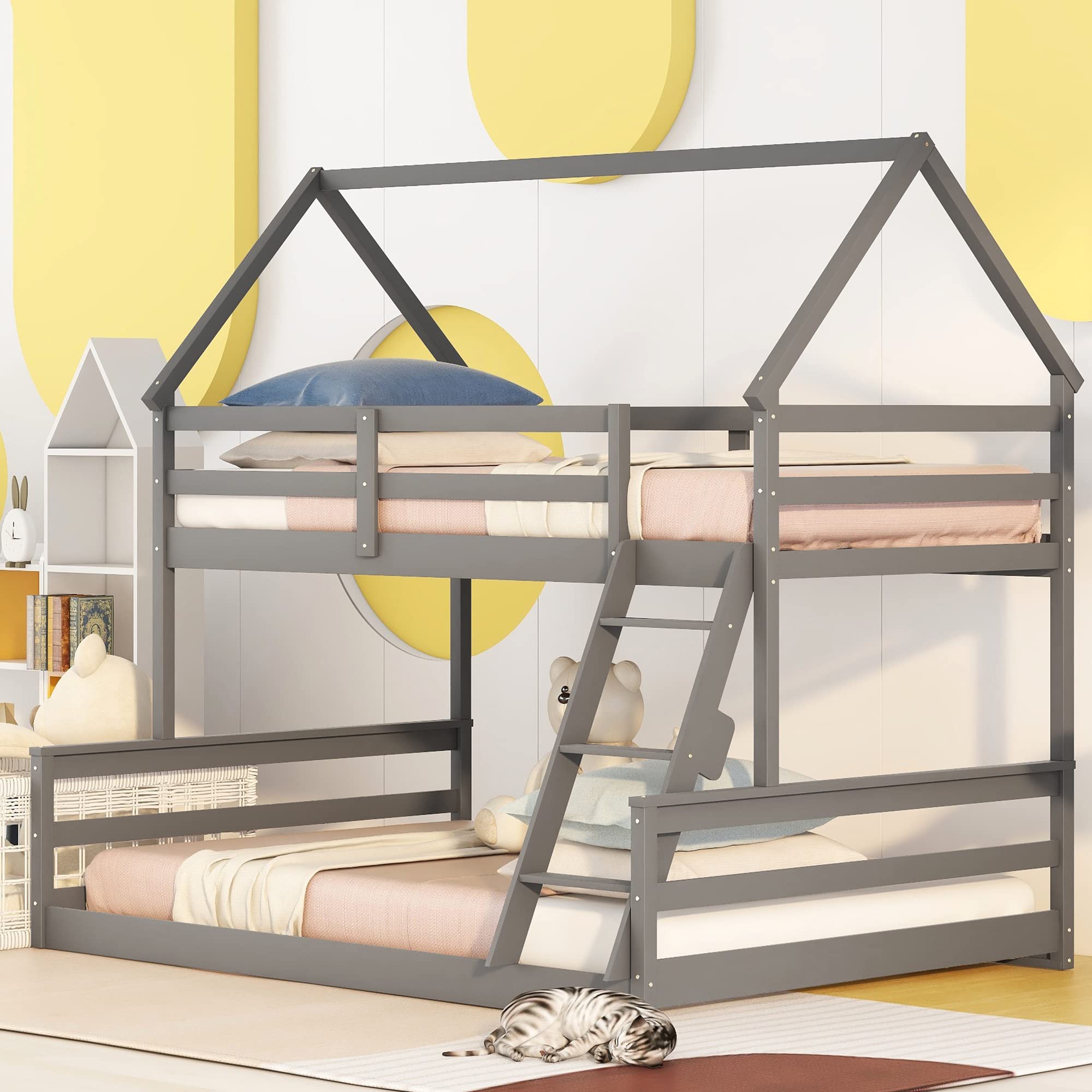 MERITLINE Twin Over Full Bunk Bed with Ladder & Safety Rail - Sturdy Wooden Kids Bunk Bed for Boys & Girls - Space-Saving Detachable Design for Growing Families (Grey) - Perfect for Small Bedrooms, Shared Kids Rooms & Vacation Homes