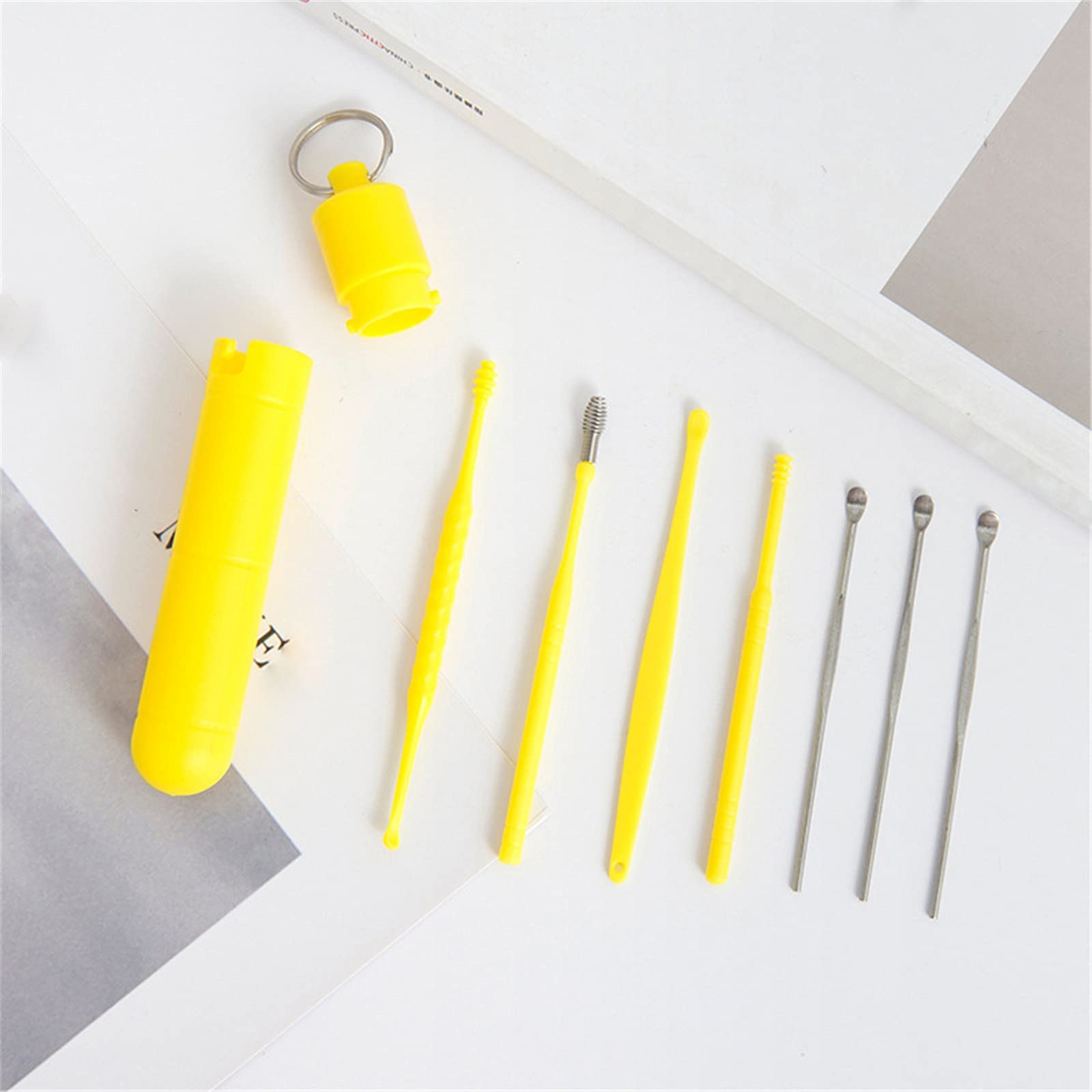 Shiusina Stainless Steel Ear Wax Cleaner Kit - Spring-Loaded Ear Curette Tool for Safe Earwax Removal with Storage Box (Yellow) - Perfect for Home Hygiene, Travel & Ear Care Essentials