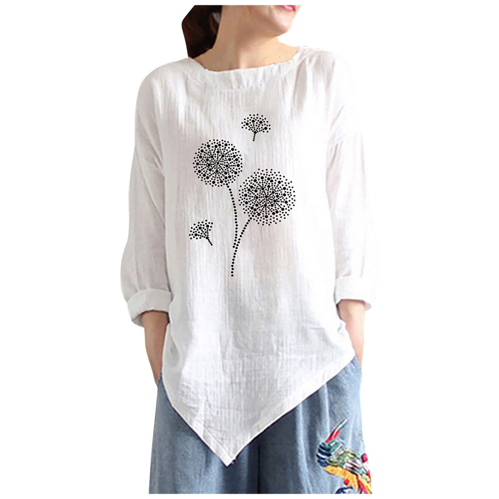 Women's Casual Long Sleeve Dandelion Print T-Shirt - Round Neck Cotton Linen Blouse with Irregular Hem | Perfect for Spring Outfits, Office Wear & Weekend Relaxation