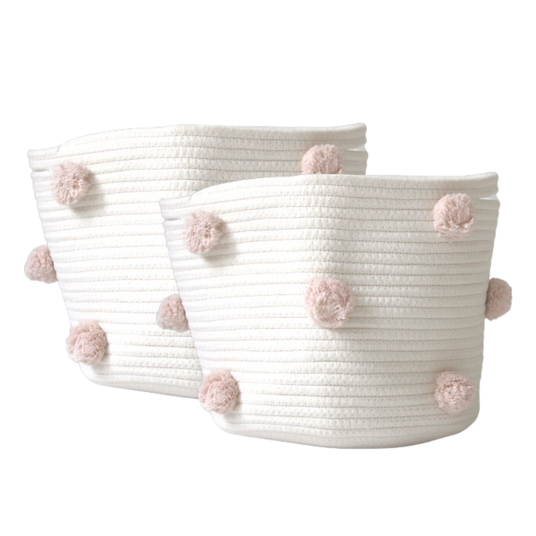 Set of 2 Medium Blush Pom Baskets - Stylish Storage for Home Decor, Nursery, or Gift Giving