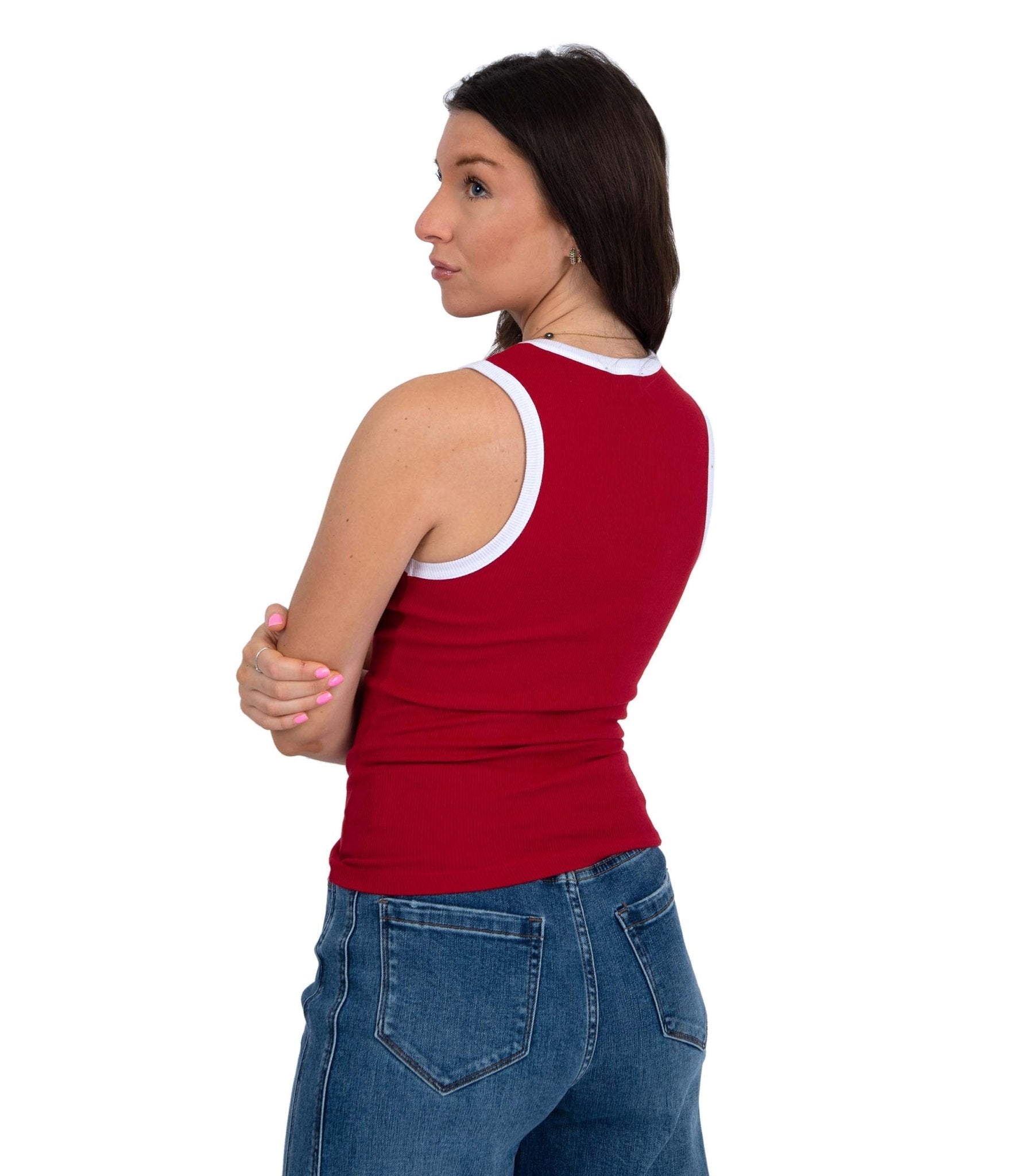 Red & White Maria Crew Neck Muscle Tank Top for Women - Breathable Workout Shirt for Gym, Running & Yoga