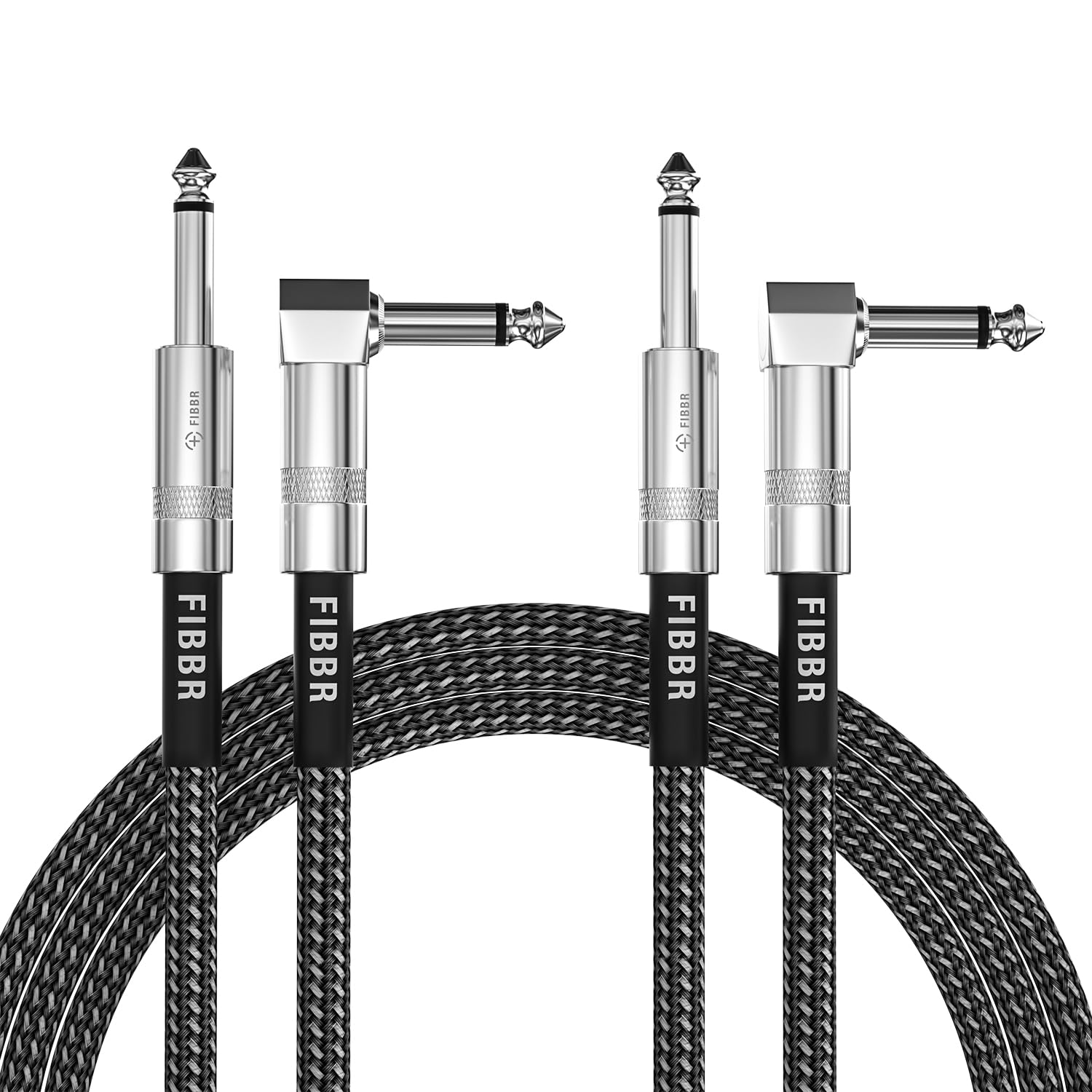 FIBBR 10ft Right Angle 1/4 Inch Instrument Cable (2-Pack) - Professional Guitar Cable for Electric Bass, Mandolin & Pro Audio Equipment - Perfect for Live Performances, Studio Recording & Home Practice
