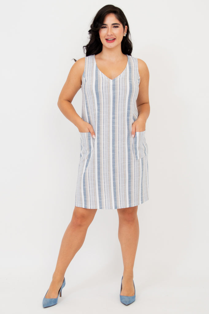 Felicia Dress - Sand Stripe Linen Bamboo Blend Summer Dress for Women | Beach Vacation, Brunch & Casual Outfit