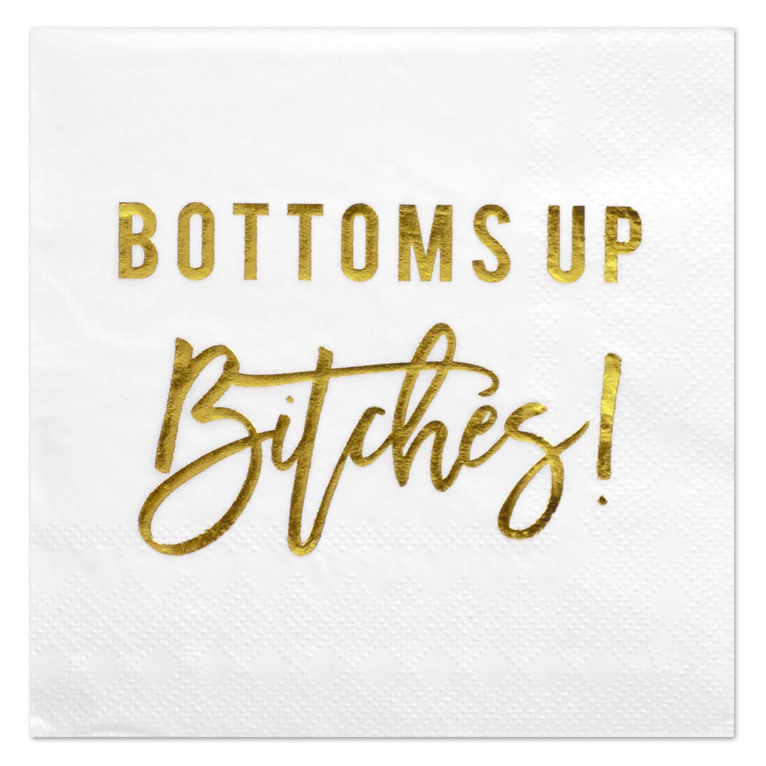 Funny Cocktail Napkins with Gold Foil - 50-Pack 3-Ply Disposable Beverage Napkins for Parties | Birthday, Retirement, Wedding & Bridal Shower Essentials | 'Bottoms Up' Humorous Quote Design | Perfect for Bar, Home Entertaining & Special Events