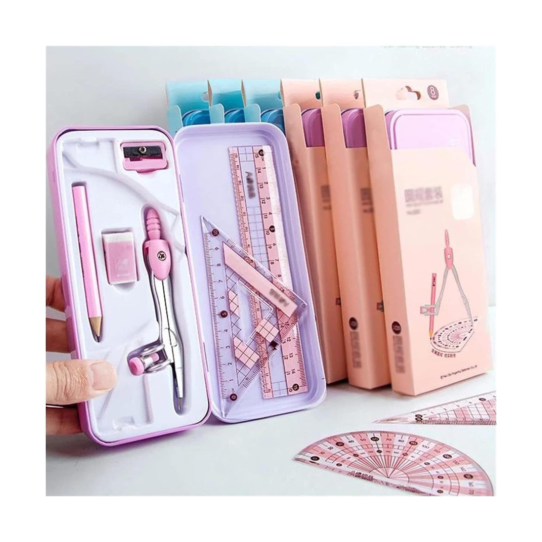 8-Piece Geometry Set with Math Compass, Ruler, Protractor, Pencil Sharpener & Eraser - Perfect for Students, Engineers & Artists for School, Drafting & Technical Drawing