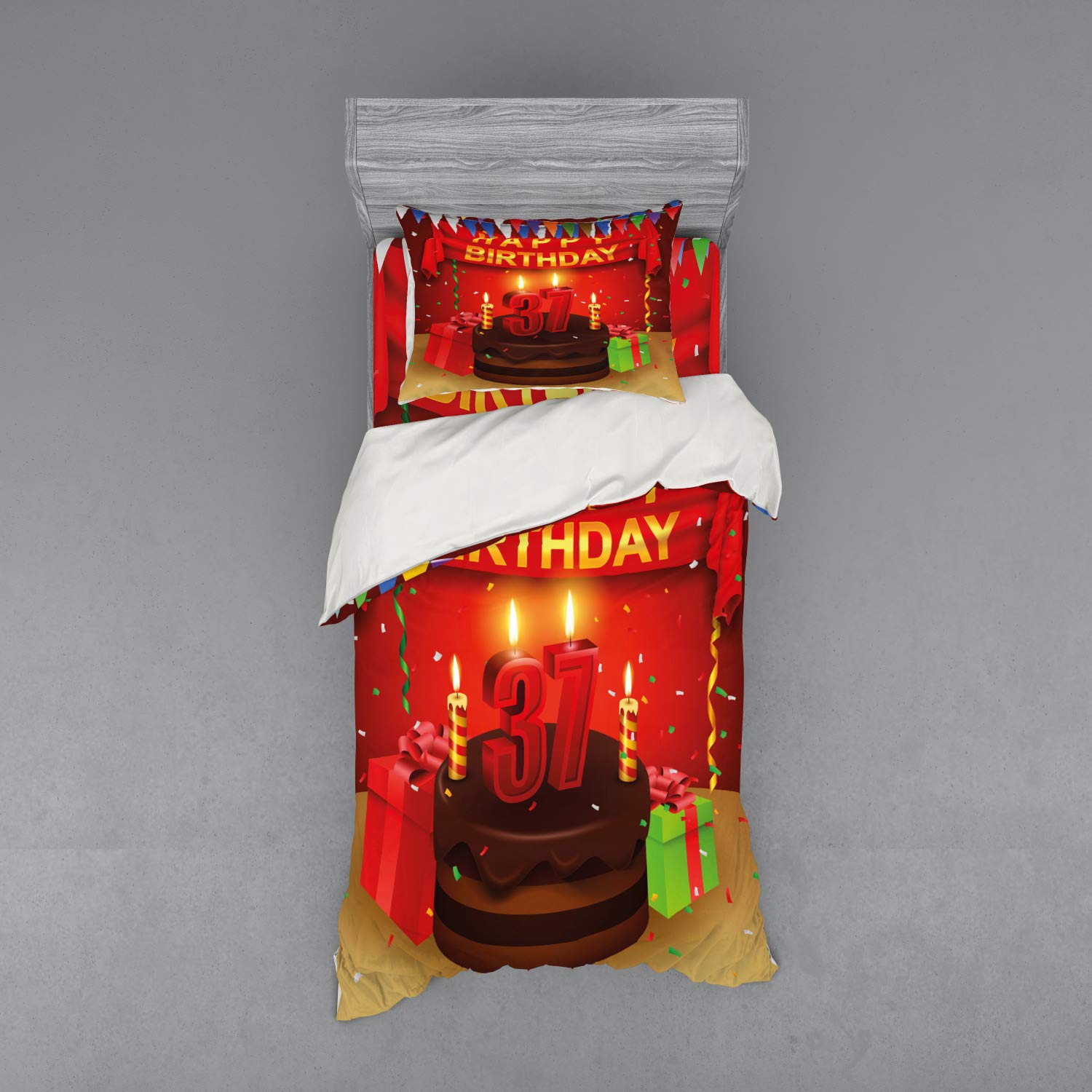 Ambesonne 37th Birthday Duvet Cover Set - Chocolate Cake Balloons Flag Candles Design - 3 Piece Twin XL Bedding Set with Sham & Fitted Sheet - Fun Birthday Party Decor for Adults - Perfect Gift for 37th Birthday Celebrations