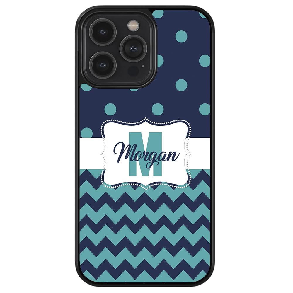 Teal & Dark Blue Polka Dot Chevron Black Rubber Phone Case for Apple iPhone 16 Pro Max/Plus, 15 Pro Max/Plus, 14 Pro Max/Plus, 13 Pro Max/Mini, 12 Pro Max, 11, X, 8, 7 Plus - Durable Protective Cover for Everyday Use & Fashion Style