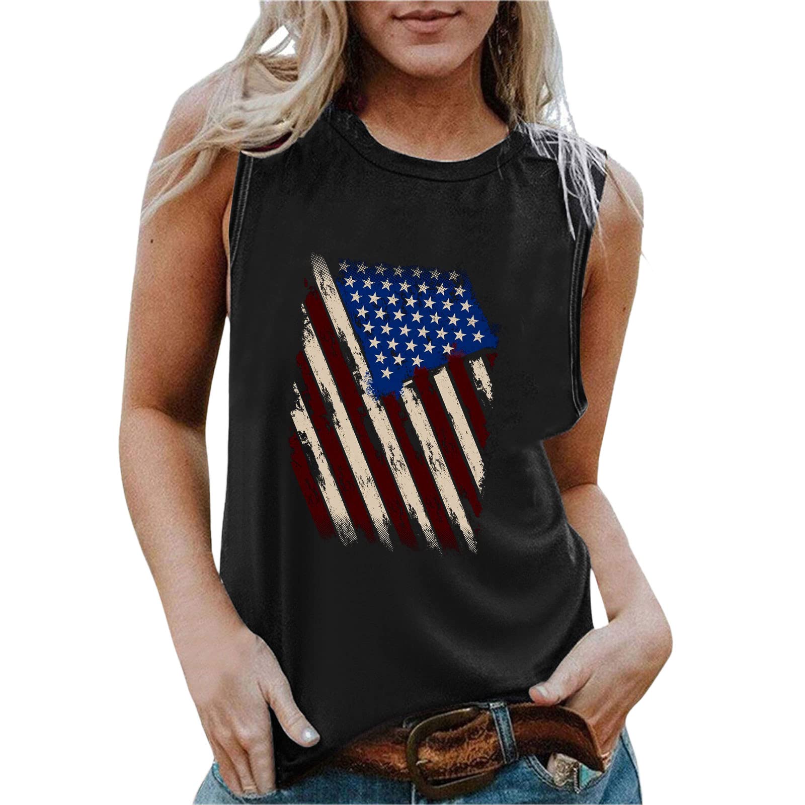 ETHKIA Women's Sleeveless Tank Tops - Breathable Workout & Yoga Shirts with Patriotic American Flag Print - Perfect for 4th of July, Gym, Running & Summer Activities