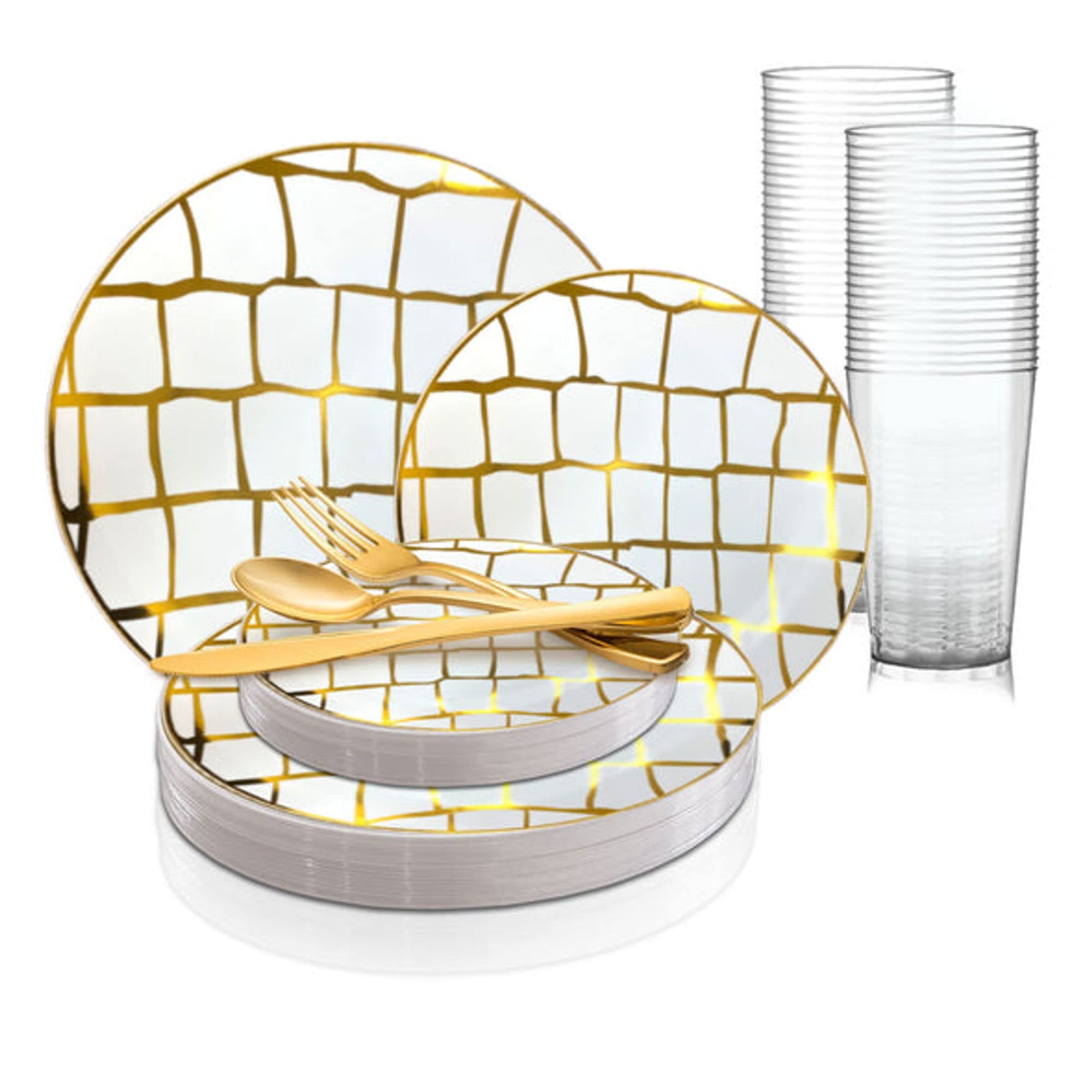 Eco-Friendly Disposable Plastic Party Set - Gold & White Scales Pattern Dinner Plates, Salad Plates, Cutlery (Forks, Spoons, Knives) & Cups - Bulk 120-Piece Wedding & Event Supplies - Perfect for Birthday Parties, Baby Showers, Picnics & Holiday Gatherings