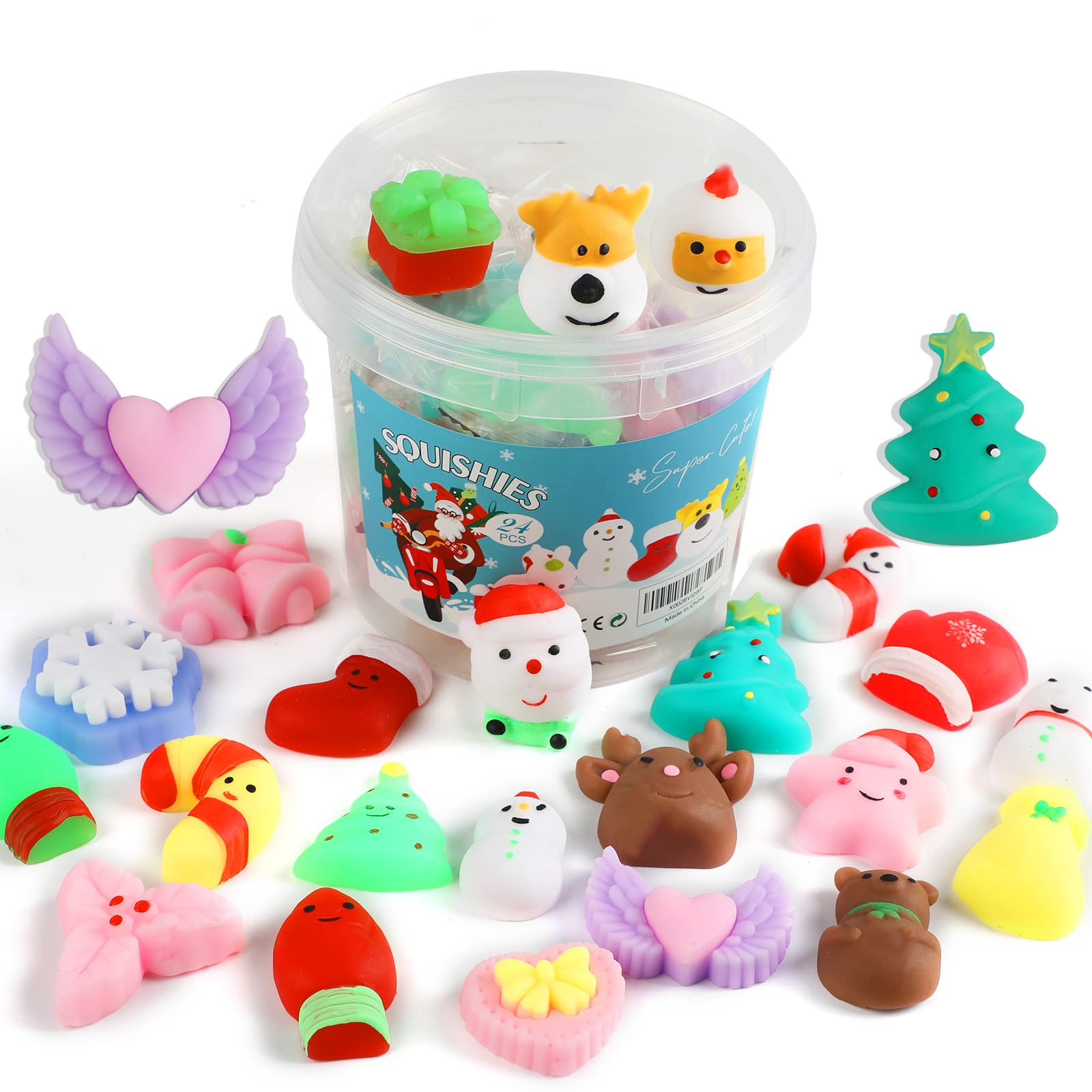 KINGYAO 24-Piece Mini Mochi Squishy Fidget Toys Set - Kawaii Snowman Stress Relief Toys for Kids with Storage Box - Perfect for Christmas Party Favors, Classroom Rewards & Sensory Play
