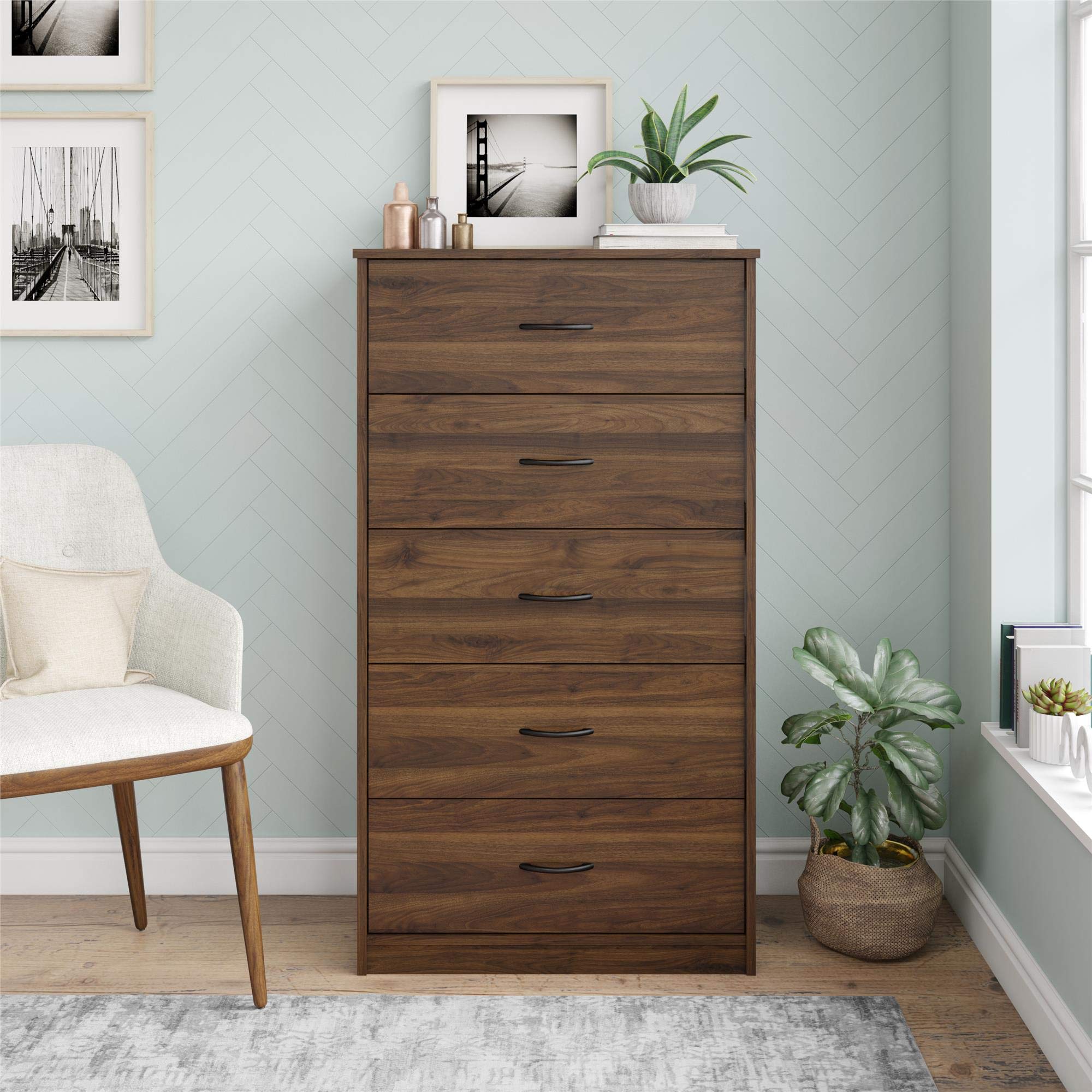 Mainstays Classic 5-Drawer Dresser in Walnut Finish - Sturdy Wooden Chest of Drawers for Bedroom Storage & Organization