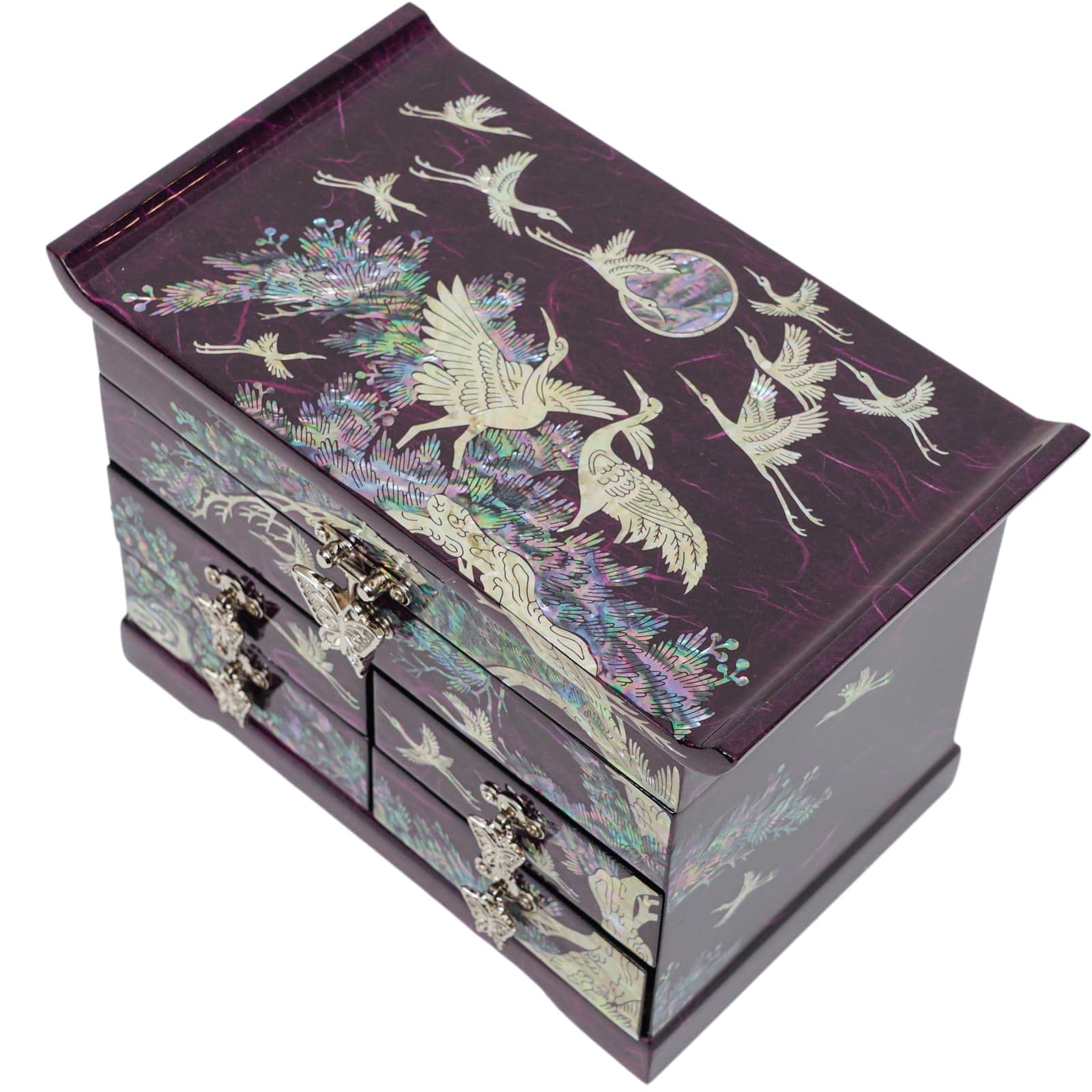 February Mountain Mother of Pearl Wooden Jewelry Organizer Box - Elegant Jewelry Storage for Women with Spacious Drawers, Perfect for Rings, Bracelets, Watches, Necklaces & Accessories (Crane Purple) - Ideal for Bedroom Vanity, Travel & Gift Giving