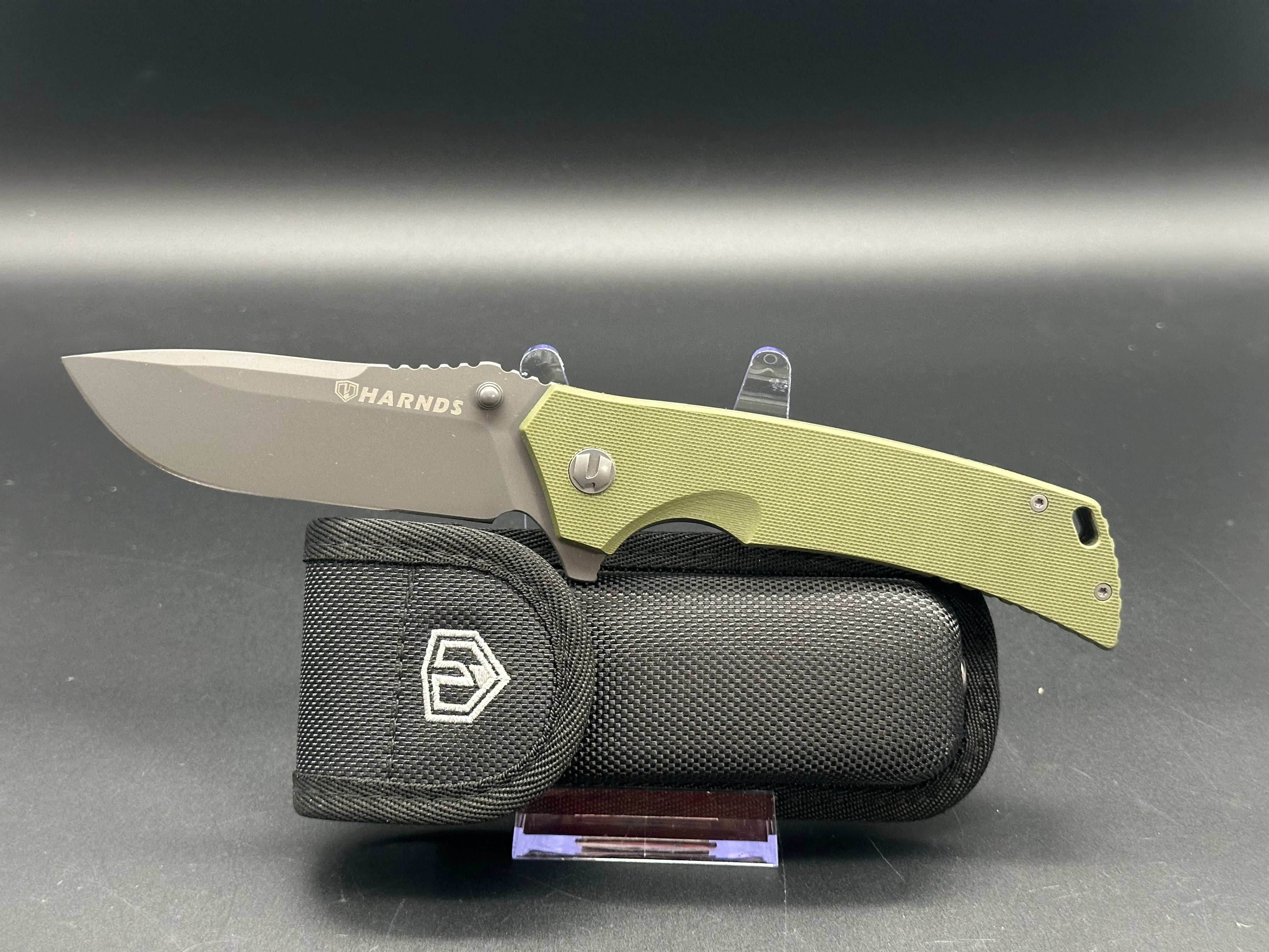 HARNDS Warrior Folding Knife - D2 Steel Blade, Green G10 Handle, Plain Edge - EDC Pocket Knife for Camping, Hiking & Outdoor Survival