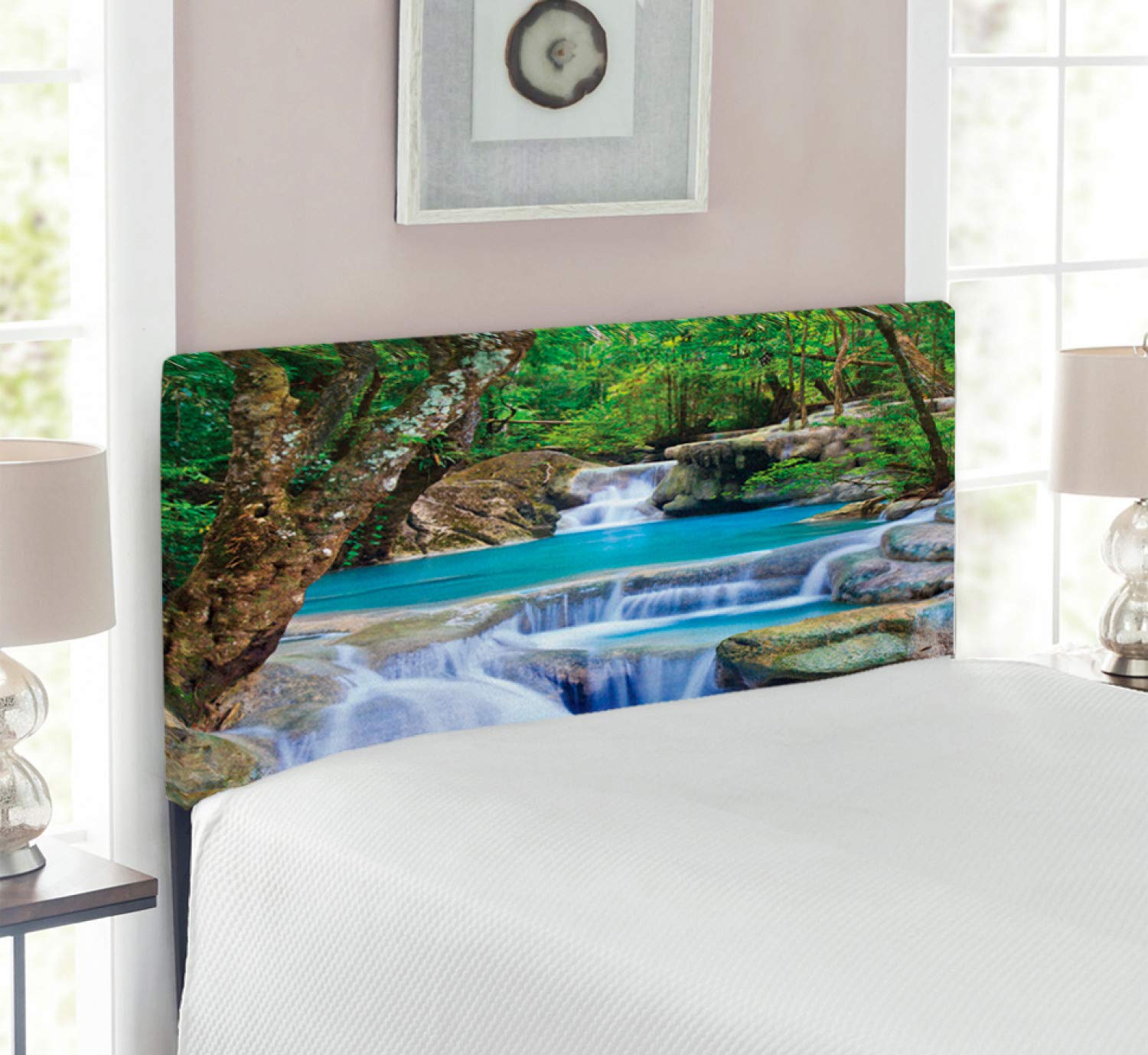 Ambesonne Waterfall Headboard - Upholstered Metal Bed Headboard with Memory Foam, Twin Size, Green Blue & Brown - Nature Inspired Bedroom Decor for Cozy Retreats
