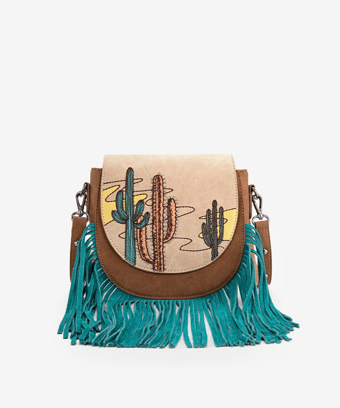 Montana West Cactus Embroidered Fringe Crossbody Bag for Women - Stylish Western Purse with Adjustable Strap - Perfect for Casual Outings, Music Festivals & Travel