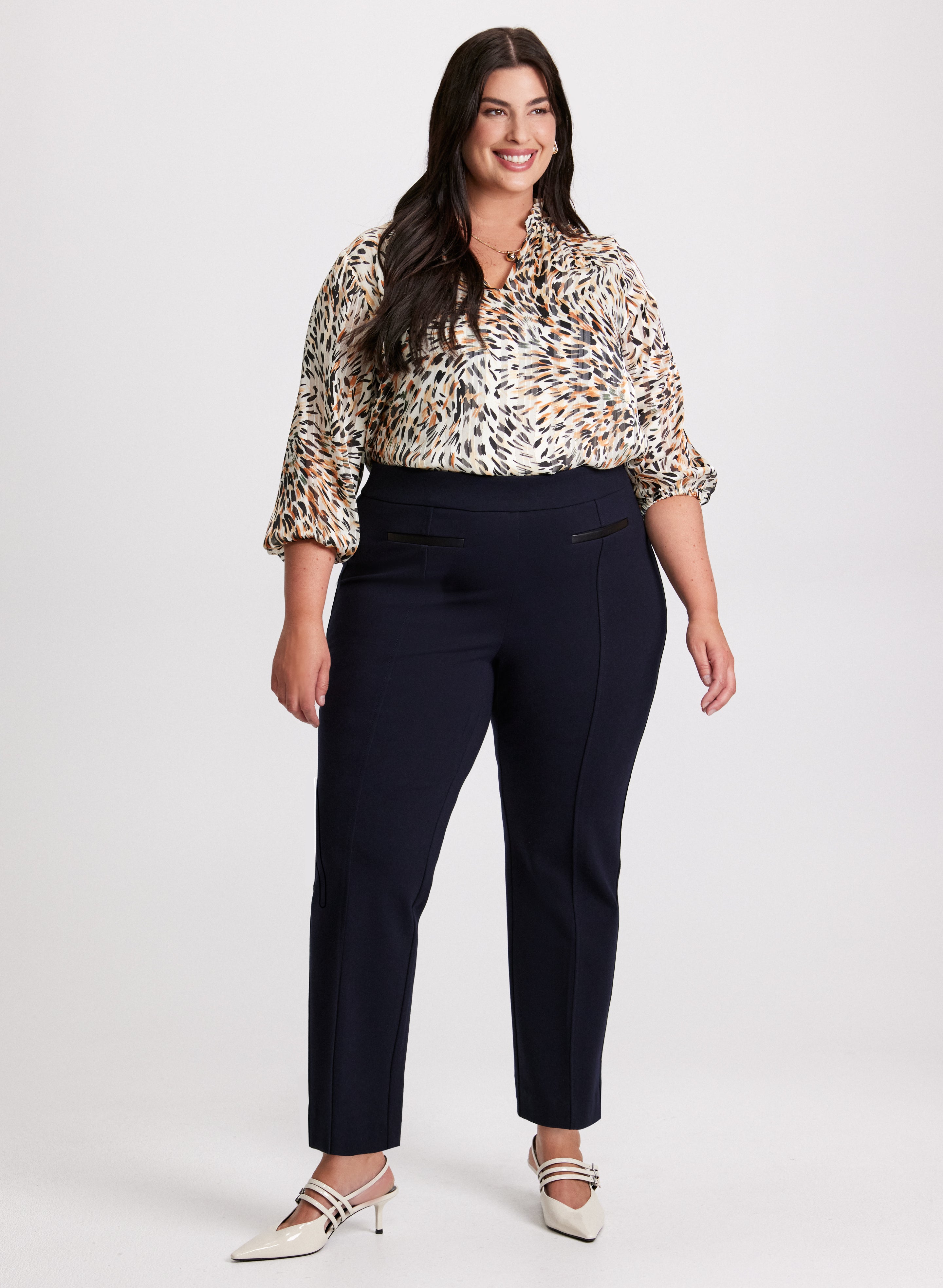 Stylish Abstract Animal Print Blouse & Straight Leg Pants Set - Trendy Women's Office Wear & Casual Outfit for Work or Weekend