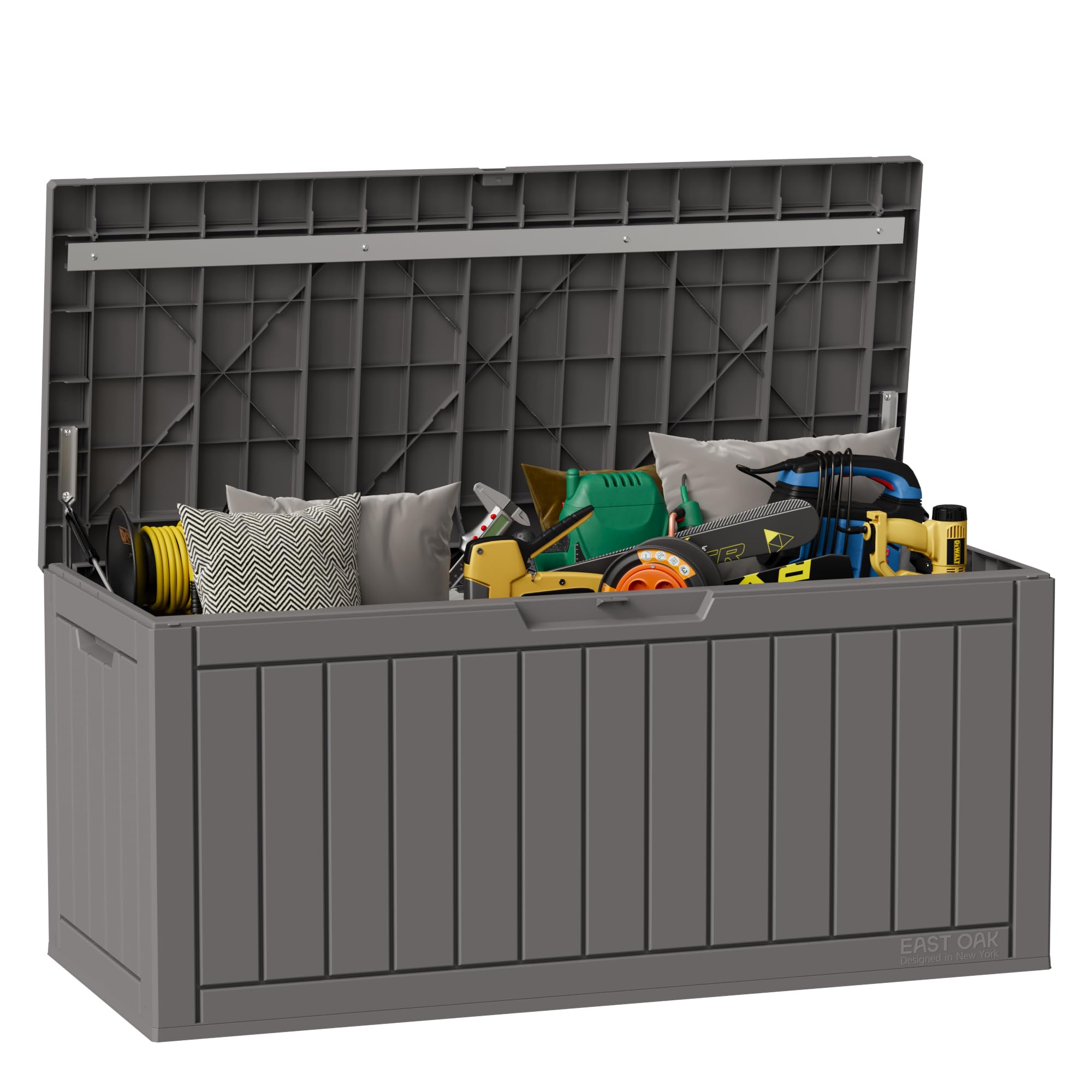 EAST OAK 90 Gallon Outdoor Storage Box - Waterproof Resin Deck Box with Lockable Lid, UV Resistant for Patio Furniture Cushions, Gardening Tools, Pool Toys | Perfect for Backyard, Garden & Poolside Organization (Grey)