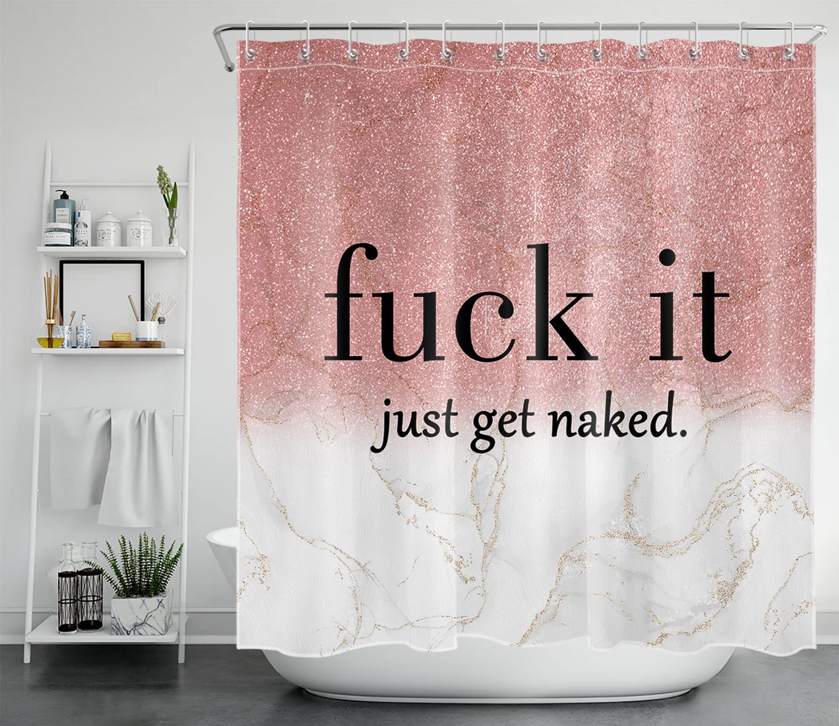 ECOTOB Funny 'Fuck It Just Get Naked' Shower Curtain - White Marble & Pink Pattern Waterproof Polyester Bathroom Decor (72x72 Inch) with Hooks - Perfect for Modern Bathrooms, Gifts & Humorous Home Decor