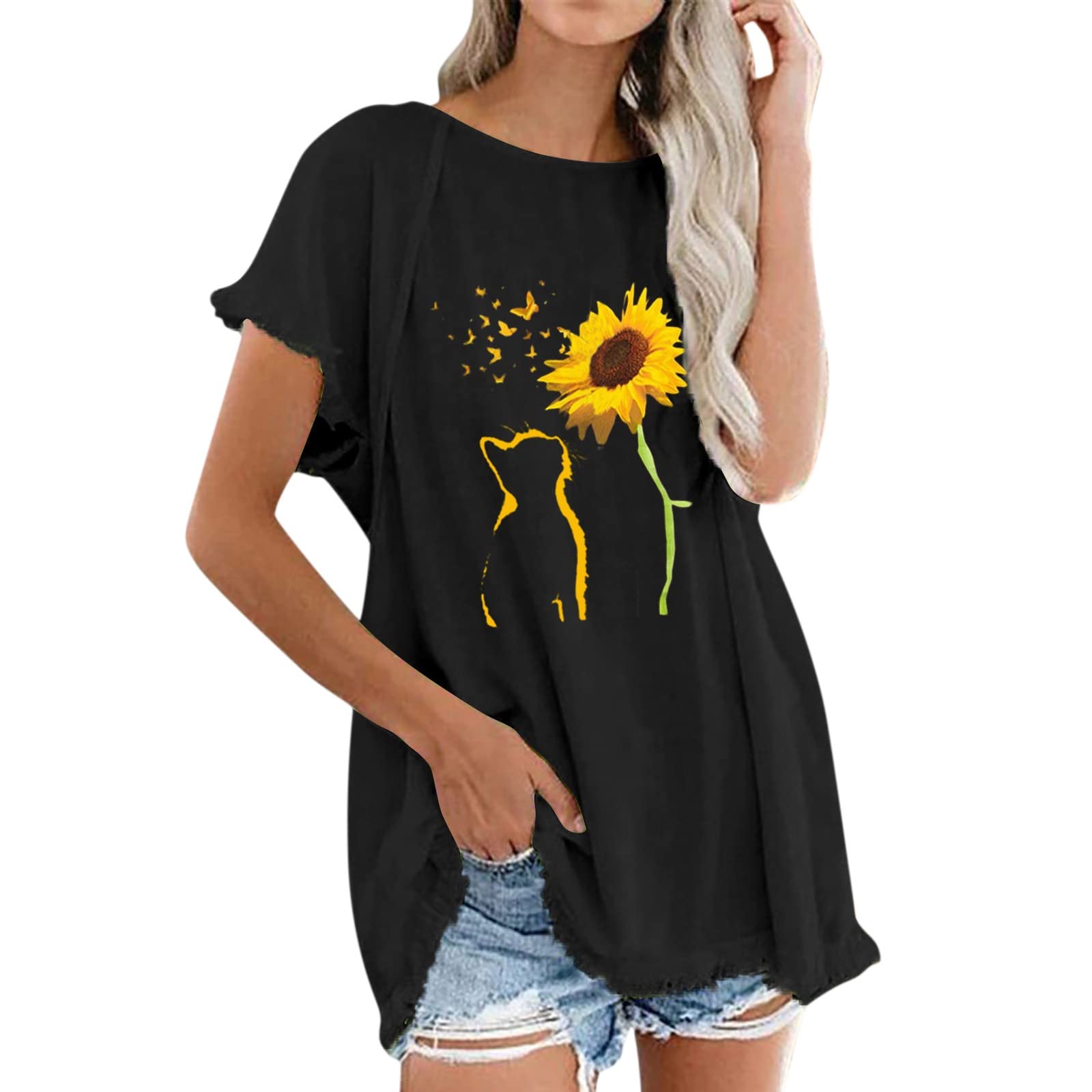 Women's Casual Tassel Round Neck Short Sleeve T-Shirt - Trendy Printed Cotton Linen Top for Everyday Wear (Black, XL) | Perfect for Summer Outfits, Office Casual & Weekend Street Style