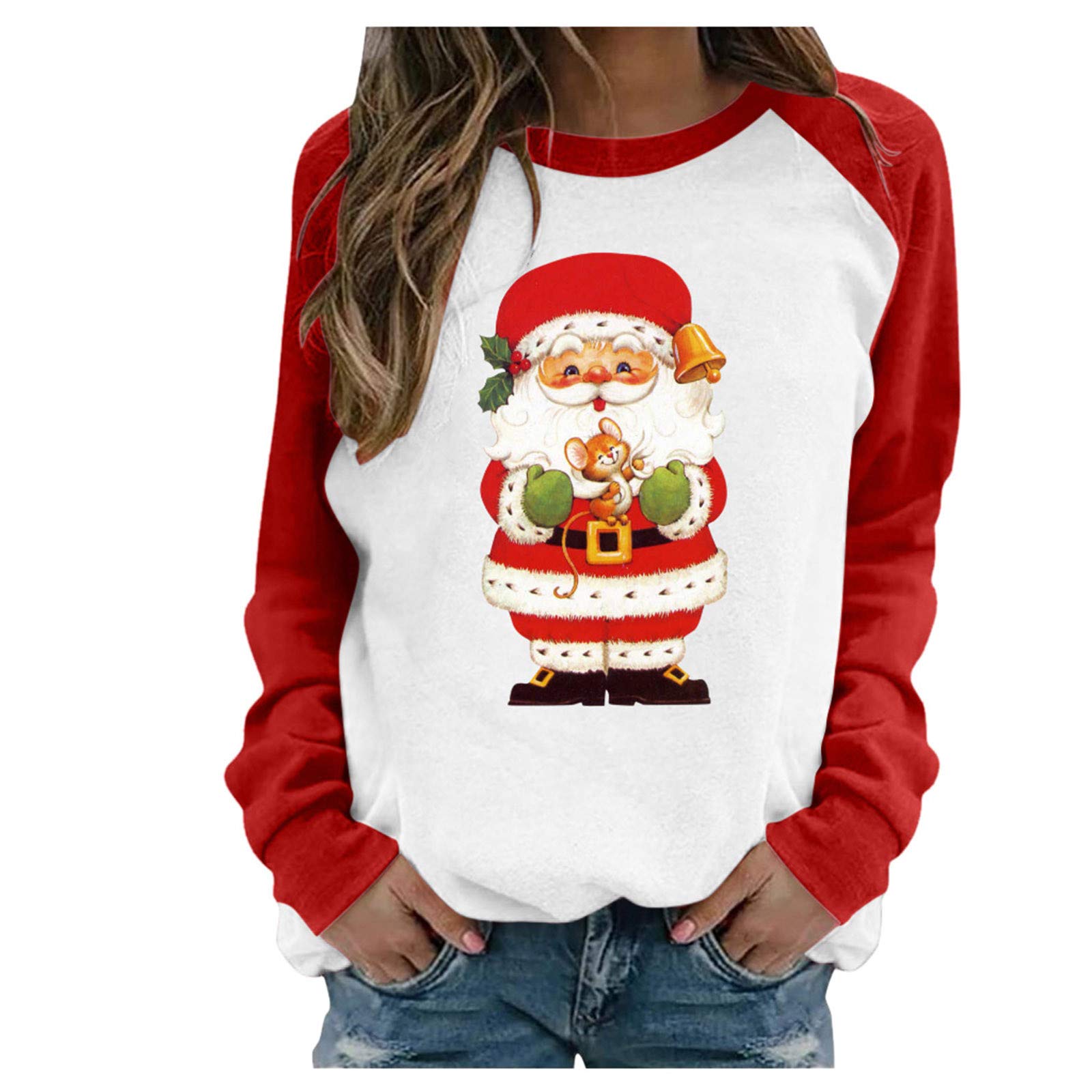 Christmas Raglan Sleeve Blouse for Women - Casual Long Sleeve Printed Loose Top for Holiday Parties, Office Wear & Workout Shirts