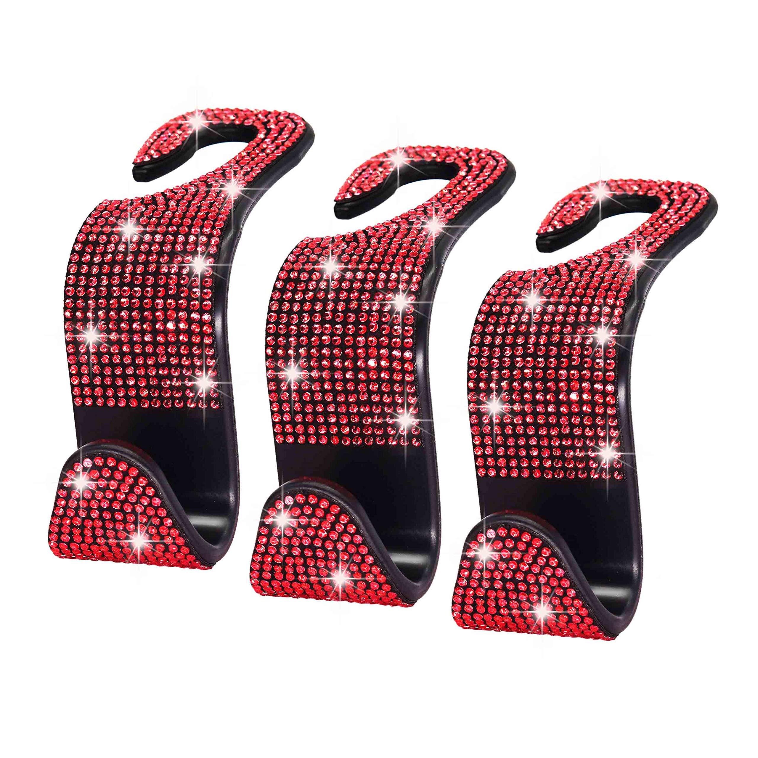 3-Pack Stylish Car Headrest Hooks - Durable Back Seat Hanger Holder for Shopping Bags, Handbags, Purses & Clothes - Vehicle Seat Organizer (Red) - Perfect for Grocery Shopping, Road Trips & Daily Commute