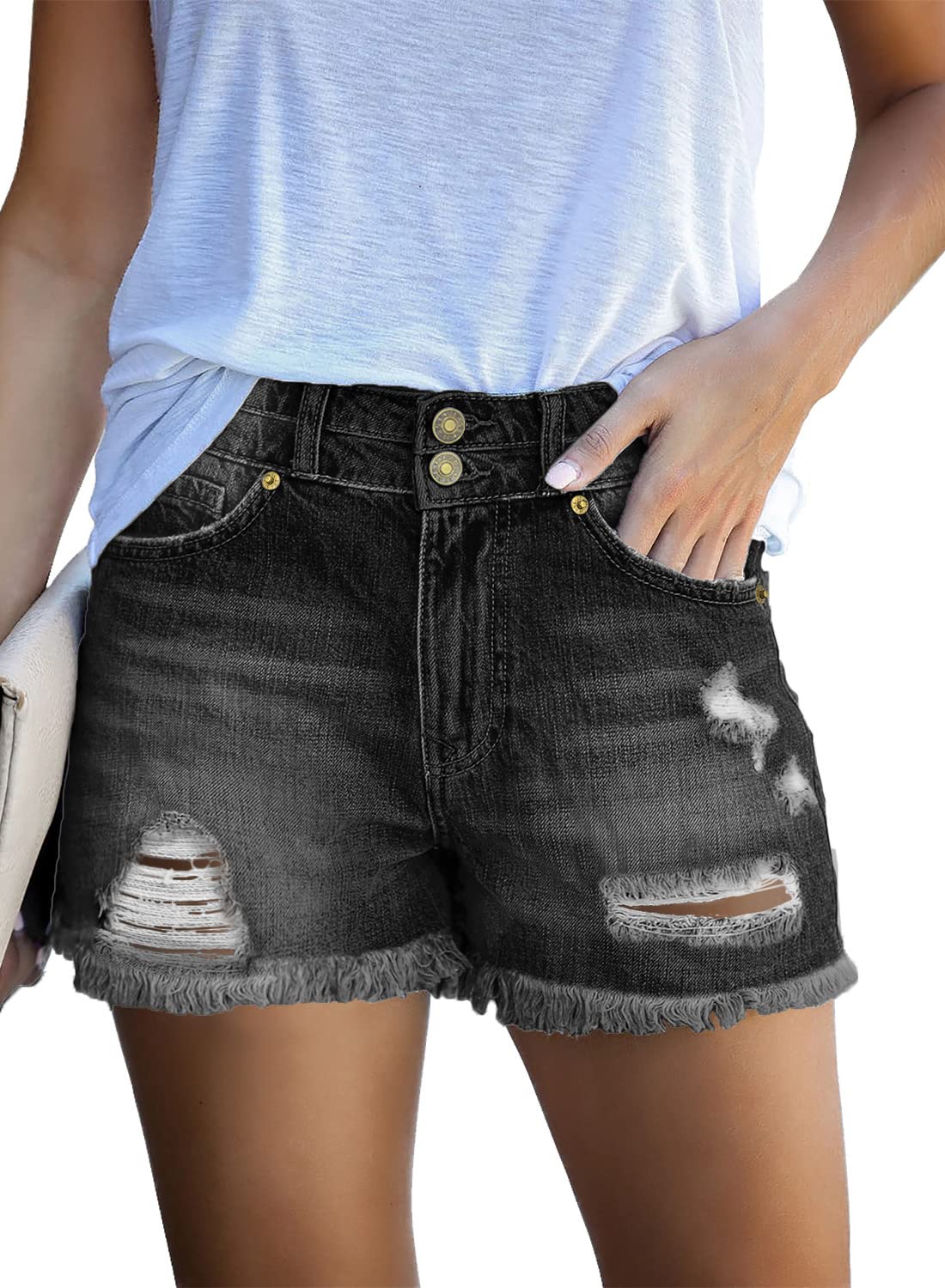 Luvamia Women's High Waisted Stretch Denim Shorts - Ripped Distressed Button Fly Jean Shorts for Casual Wear, Summer Outfits & Street Style Fashion