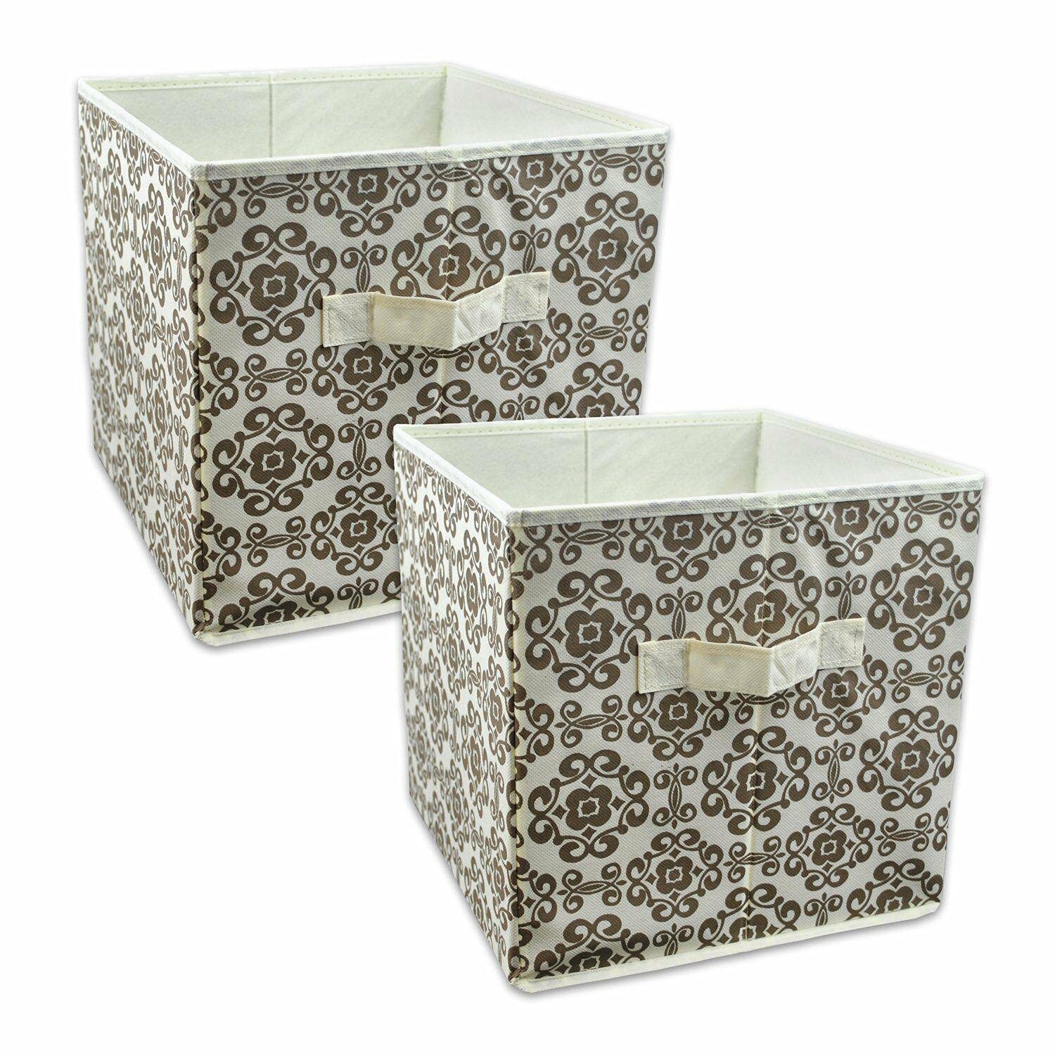 StateOJ 2-Pack Fabric Storage Cube Baskets - Scroll Brown | Foldable Closet Organizer Drawers for Bathroom, Bedroom, Shoe & Kitchen Storage | Multi-Purpose Shelving Bin for Home, Office & Dorm Organization