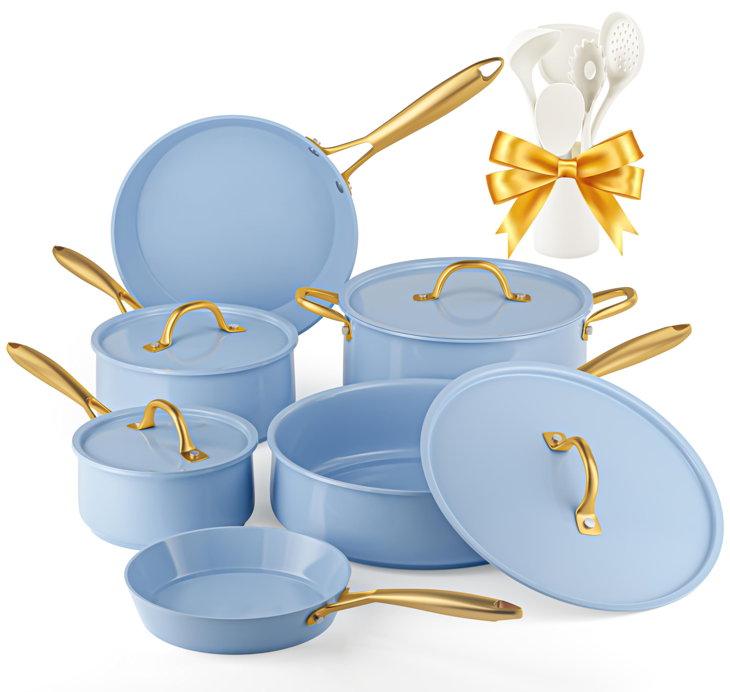 VONIKI 10-Piece Non-Toxic Ceramic Cookware Set with Utensils - PFAS-Free, Induction Compatible, Oven & Dishwasher Safe Blue Pots and Pans for Healthy Cooking | Perfect for Sauteing, Boiling & Family Meals