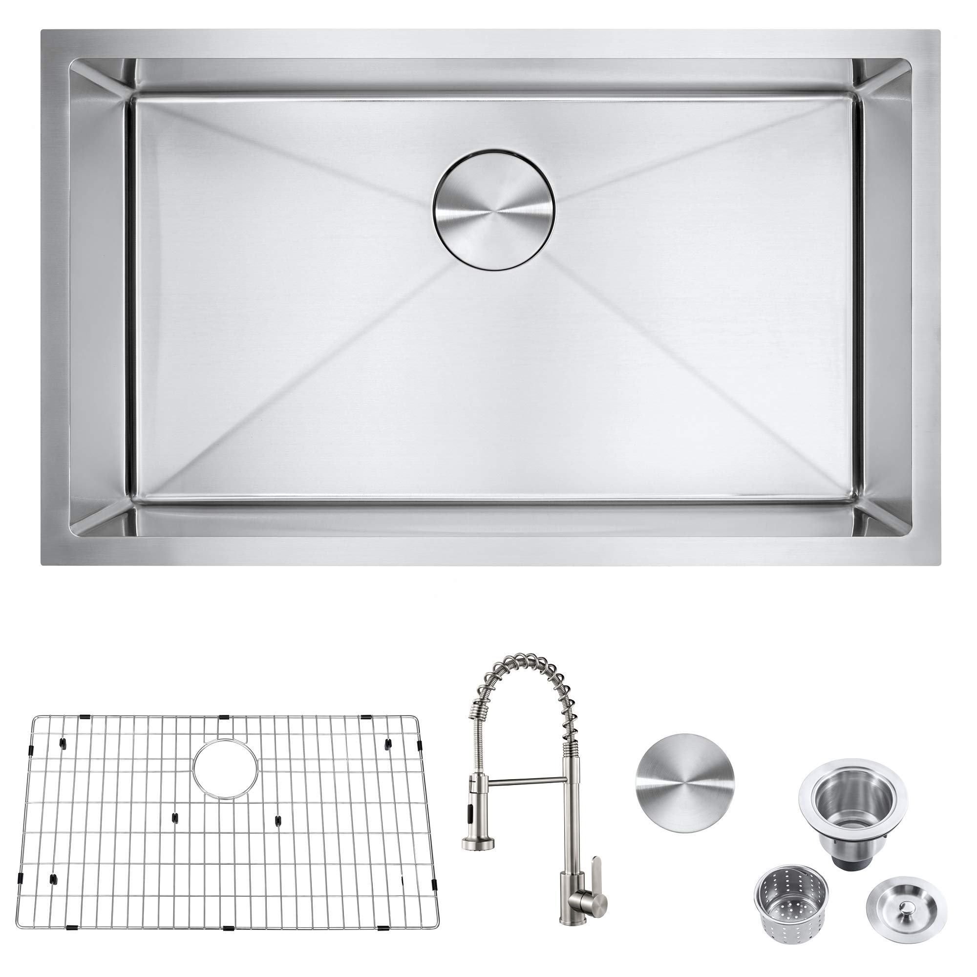 30 Inch Undermount Kitchen Sink - Deep Single Bowl Stainless Steel Sink with Faucet, Basket Strainer & Drain Assembly - Premium 18 Gauge Commercial Grade for Modern Kitchens, Restaurants & Home Renovation